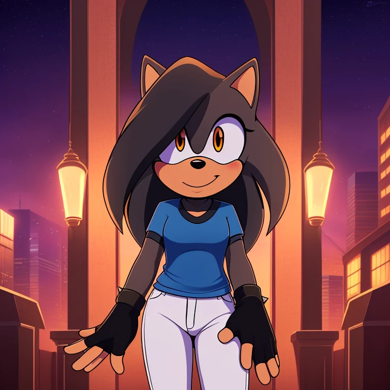 best quality, ultra-detailed, cinematic lighting, beautiful lighting, ((Masterpiece)), hi res, detailed, detailed background, vibrant lighting, high quality, cartoon style, 2d, (Mobian:1.1), solo, (((1girl))), (((female))), (((dark grey Mobian hedgehog))), dark grey body fur, ((dark grey head spikes, black highlights:1.3)), 3 tails, (((dark grey tails))), orange eyes, lean body, ((adult)), dark grey tails, (((blue short t-shirt, white pants, fingerless black gloves))), looks at viewers, bright blush, cute smile, soft, standing, night city