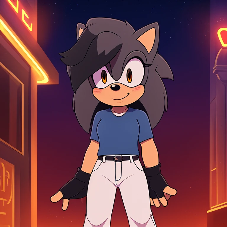 best quality, ultra-detailed, cinematic lighting, beautiful lighting, ((Masterpiece)), hi res, detailed, detailed background, vibrant lighting, high quality, cartoon style, 2d, (Mobian:1.1), solo, (((1girl))), (((female))), (((dark grey Mobian hedgehog))), dark grey body fur, ((dark grey head spikes, black highlights:1.3)), 3 tails, (((dark grey tails))), orange eyes, lean body, ((adult)), dark grey tails, (((blue short t-shirt, white pants, fingerless black gloves))), looks at viewers, bright blush, cute smile, soft, standing, night city
