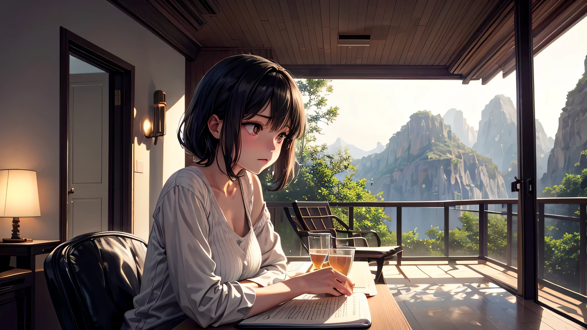 Singular light, alone, woman, face seen from the side, sideways, cosmic, fantsy, looking away:1.4, adult, busty, Ghibli-like design, living room, sitting, dark hair, studying, Completely, landscape orientation, side view, drink