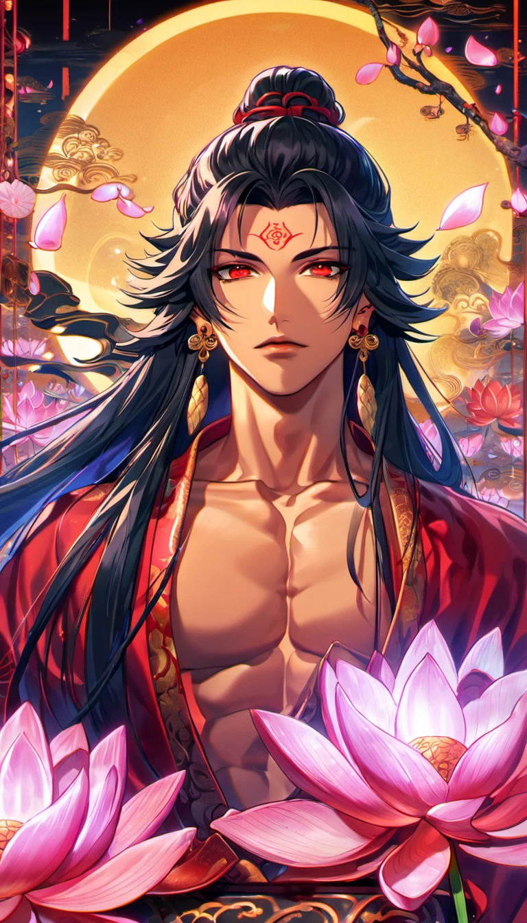 (absurdres, highres, ultra detailed, HDR), master piece, best quality, perfect face, delicate features, vibrant red eyes, solo, man, handsome, Asura with tanned skin, black untamed long hair, black hair, red lotus mark on the forehead, red tunic, showing the chest, lotus earrings, onmyoji, moon, purple flames, purple butterflies, petals