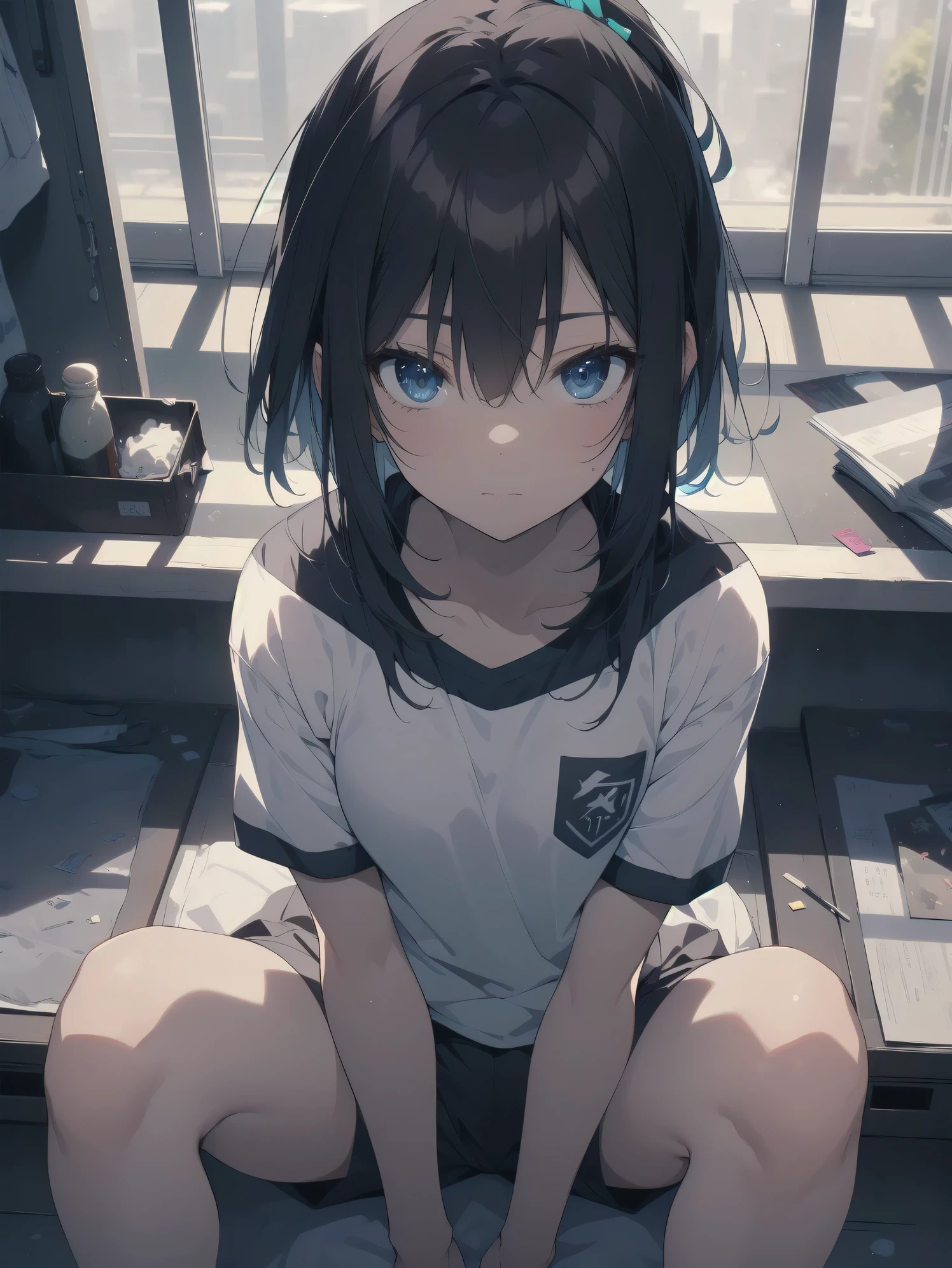 ultra-absurdres-Top quality by artist God, ultra-detailed, high resolution, anime moe artstyle, best anime 8k konachan wallpaper, pixiv contest winner,pool:2810, perfect anatomy,break, 1girl, (Please draw a girl sitting on bed alone. )break,(Solo,little female, -yeld:1.Full limbs, complete fingers, (very short hair), ponytail, flat chest, groin, small butt, thighs, small black eyes, beautiful detailed eyes, well-proportioned iris and pupils, expressive eyes, highres detailed hair, soft expression, school_gym uniform, gym shirt, short sleeves, gym shorts, short shorts, (Detailed Lighting), (Detailed background),solo_focus, bed, in the night bedroom , break,super detailed skin, Best cinematic lighting powered by famous artist, 8k,beauty illustration,photoshop_(medium),very aesthetic,break,((artist:hara_(harayutaka) )), artist:bolze ,artist:oyari_ashito ,artist:kantoku ,