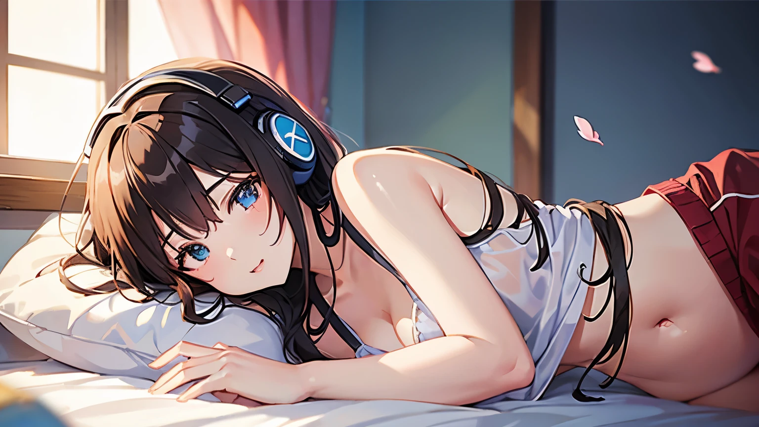 A beautiful girl studying in her room while listening to music with headphones、Warm lighting、Outside the room, cherry blossoms are blooming、Japanese anime style