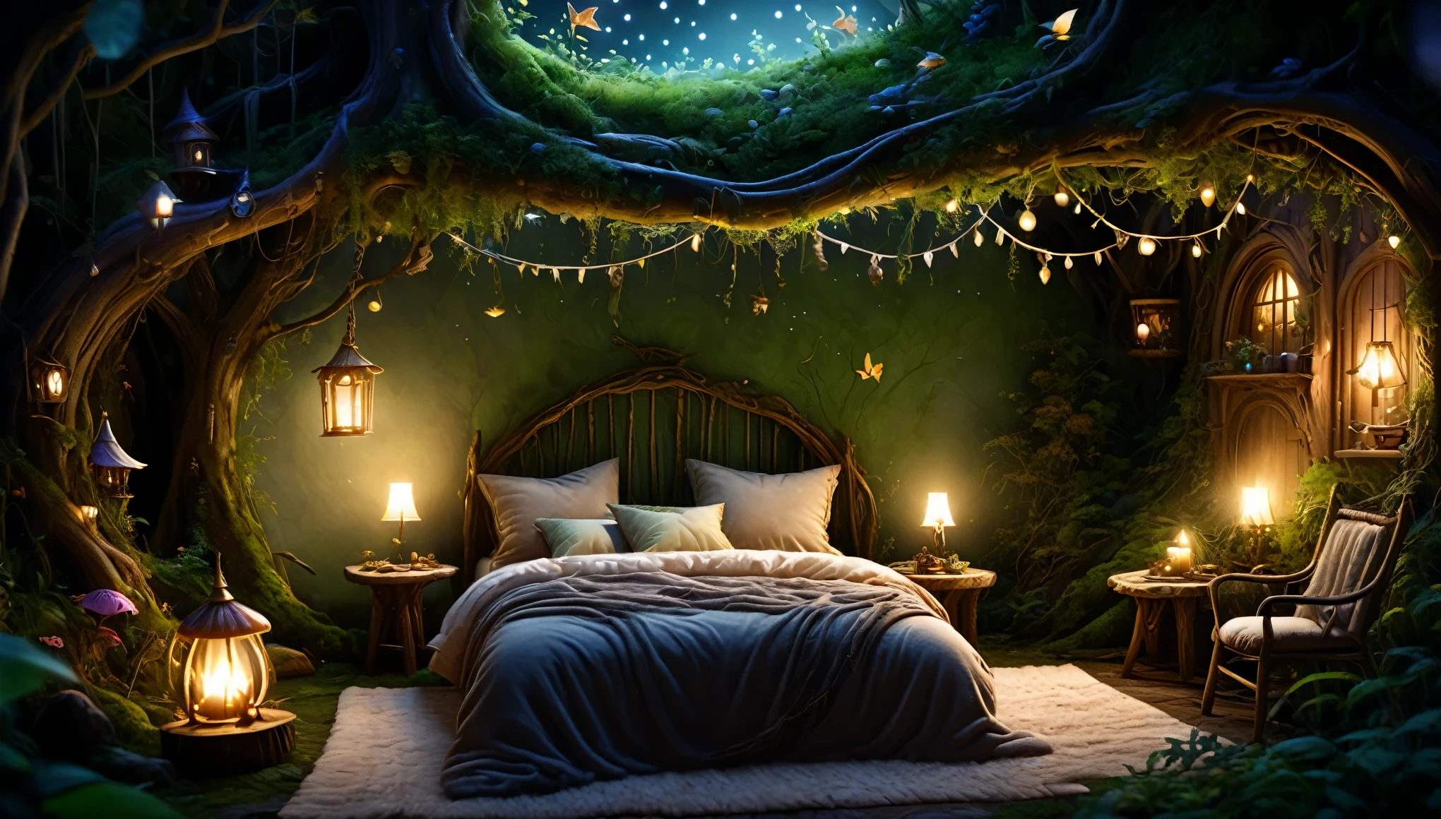 Deep in the woods at midnight, bedroom in a fairy house, rustic furniture, soft indirect lighting, earth-colored pillows and blanket on the bed, cosy enchanted scene, beautiful render of a fairytale, magical environment, relaxing concept art, cozy place, realistic fantasy render, enchanted magical fantasy forest, magical realism style, background artwork, dreamy and detailed, cozy and peaceful atmosphere, 8k high quality detailed art, fantasy style 8 k octane render, cozy environment