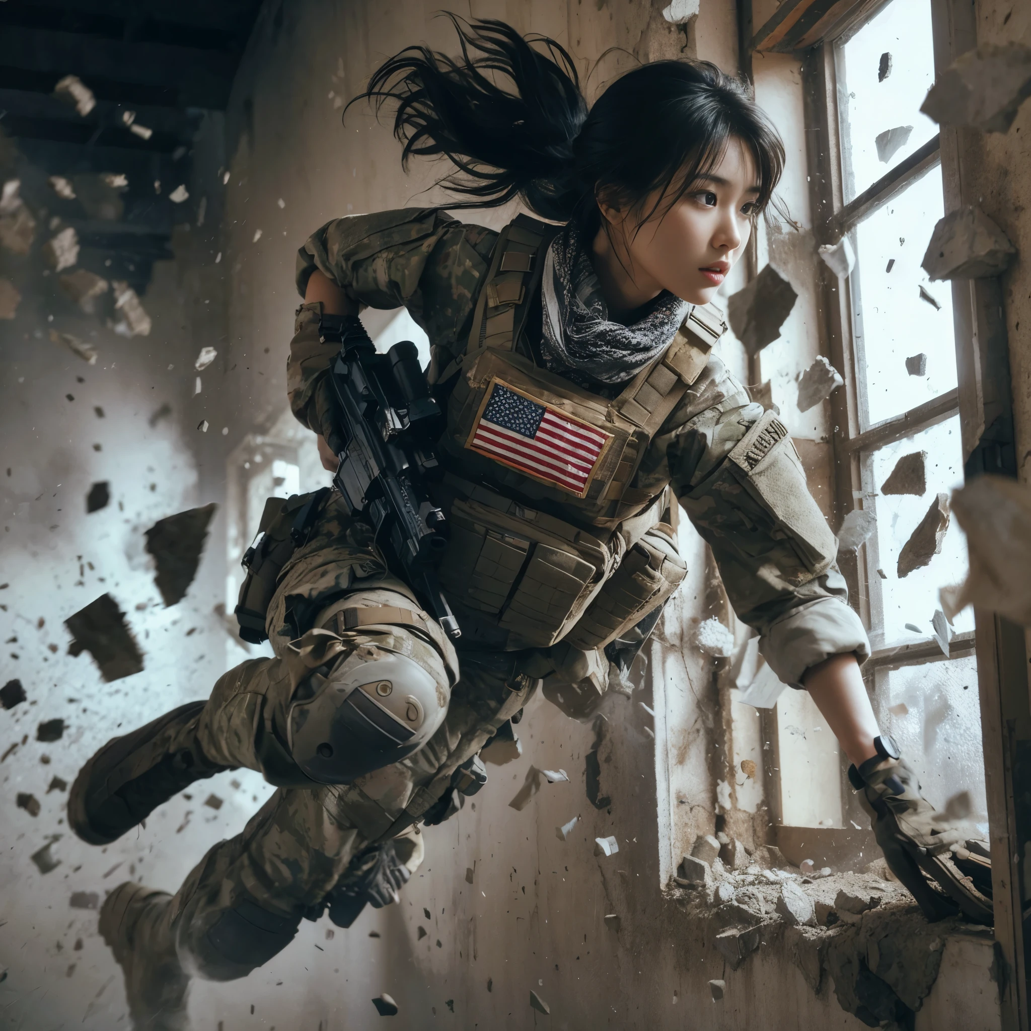 (highest quality, 8k, Realistic photos:1.2), Realistic skin texture, Beautiful Japanese women serving in the US military, In a rubble-strewn building, get attacked, Resist and try to escape, Collapsing Wall, Assault rifle, Bulletproof vest, Backpack, boots, Covered in scars, A look of determination, Dynamic pose, Innovative Configuration, Dust in the air