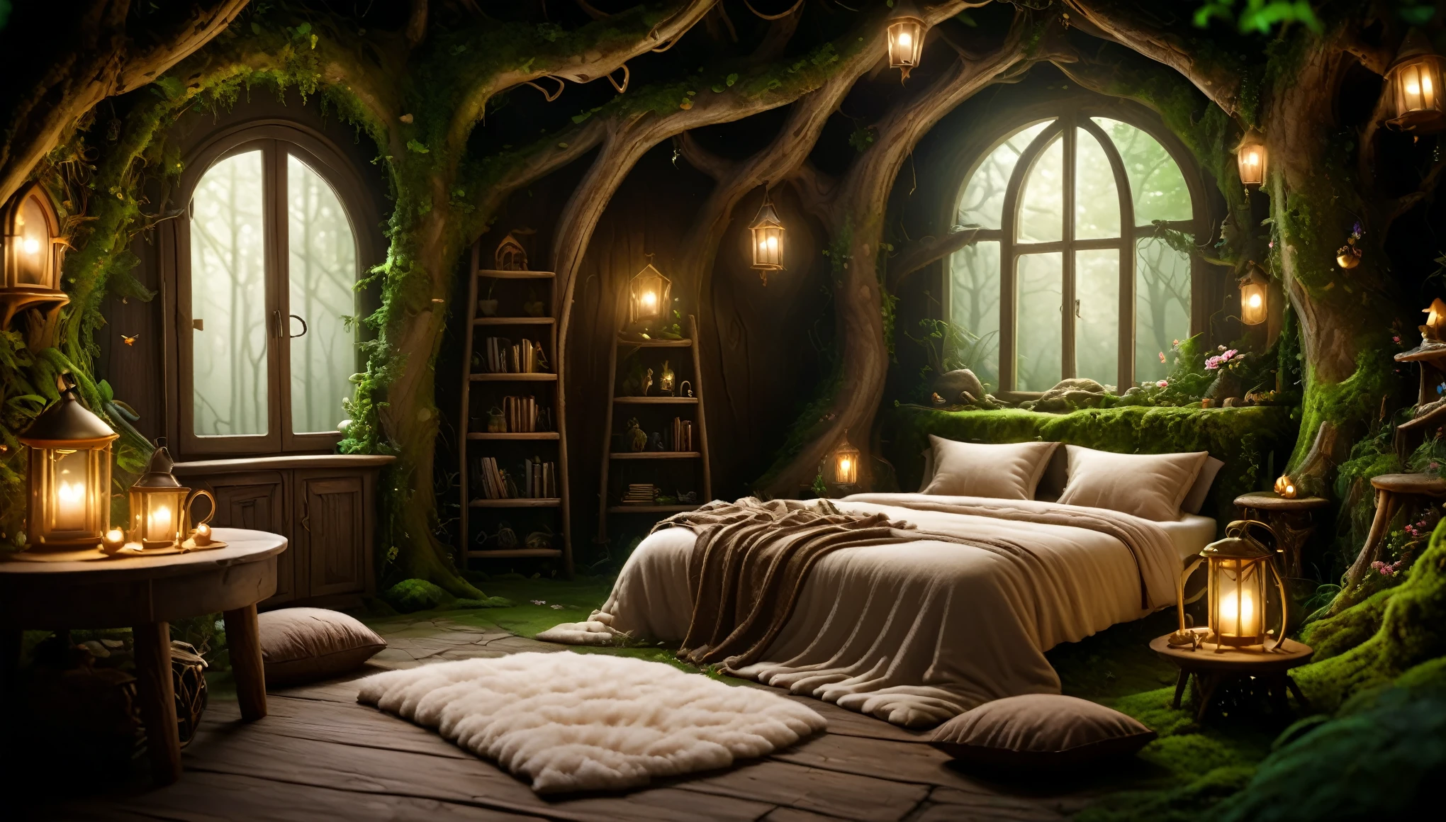 Deep in the woods at midnight, bedroom in a fairy house, rustic furniture, soft indirect lighting, earth-colored pillows and blanket on the bed, cosy enchanted scene, beautiful render of a fairytale, magical environment, relaxing concept art, cozy place, realistic fantasy render, enchanted magical fantasy forest, magical realism style, background artwork, dreamy and detailed, cozy and peaceful atmosphere, 8k high quality detailed art, fantasy style 8 k octane render, cozy environment