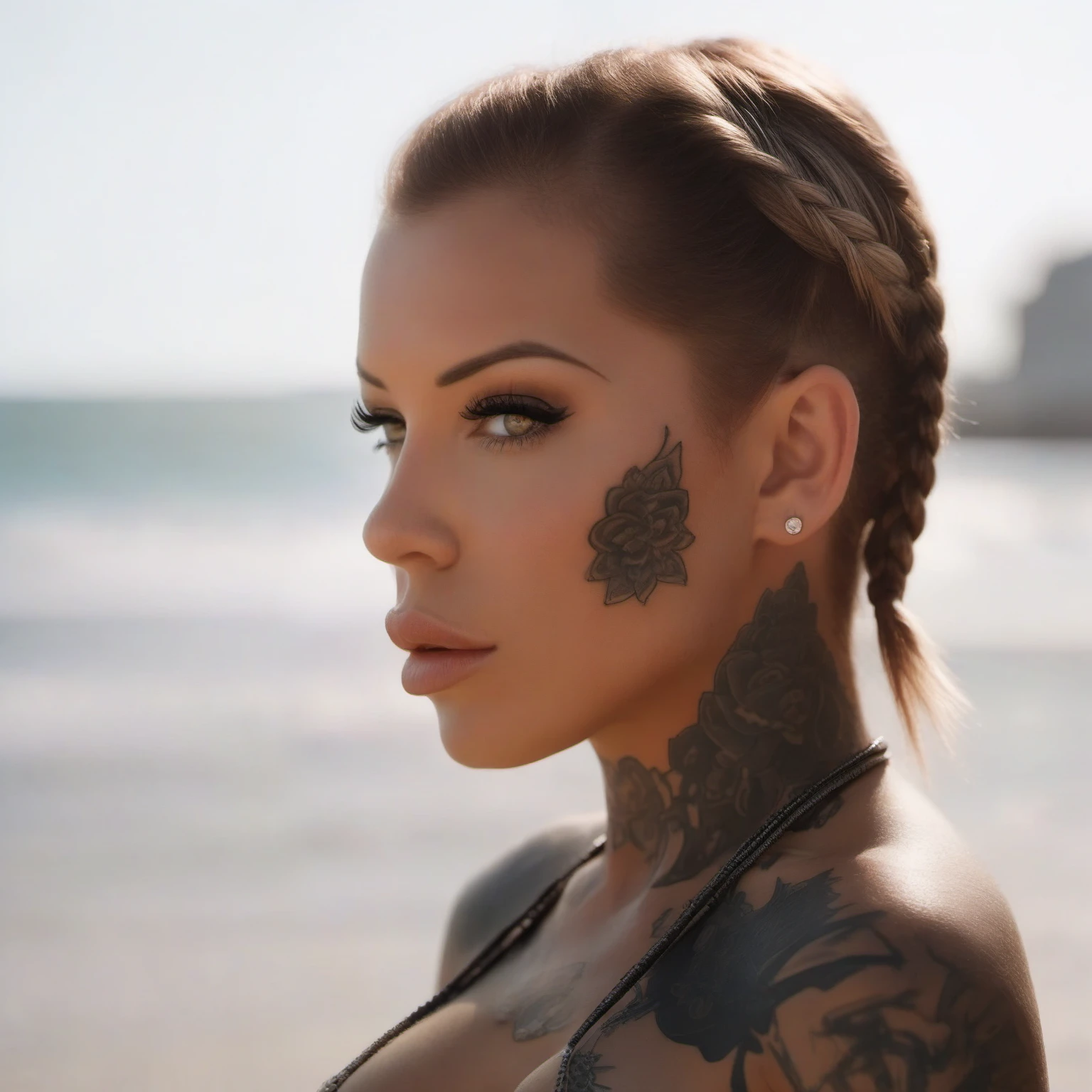 (masterpiece, best quality:1.2), Create an image featuring a female model named Laurence bedard, 30 years old, with amber eyes, in the beach with braided hair, styled in a cyberpunk manner. Wearing lingerie, looking at camera, her full body tattoo