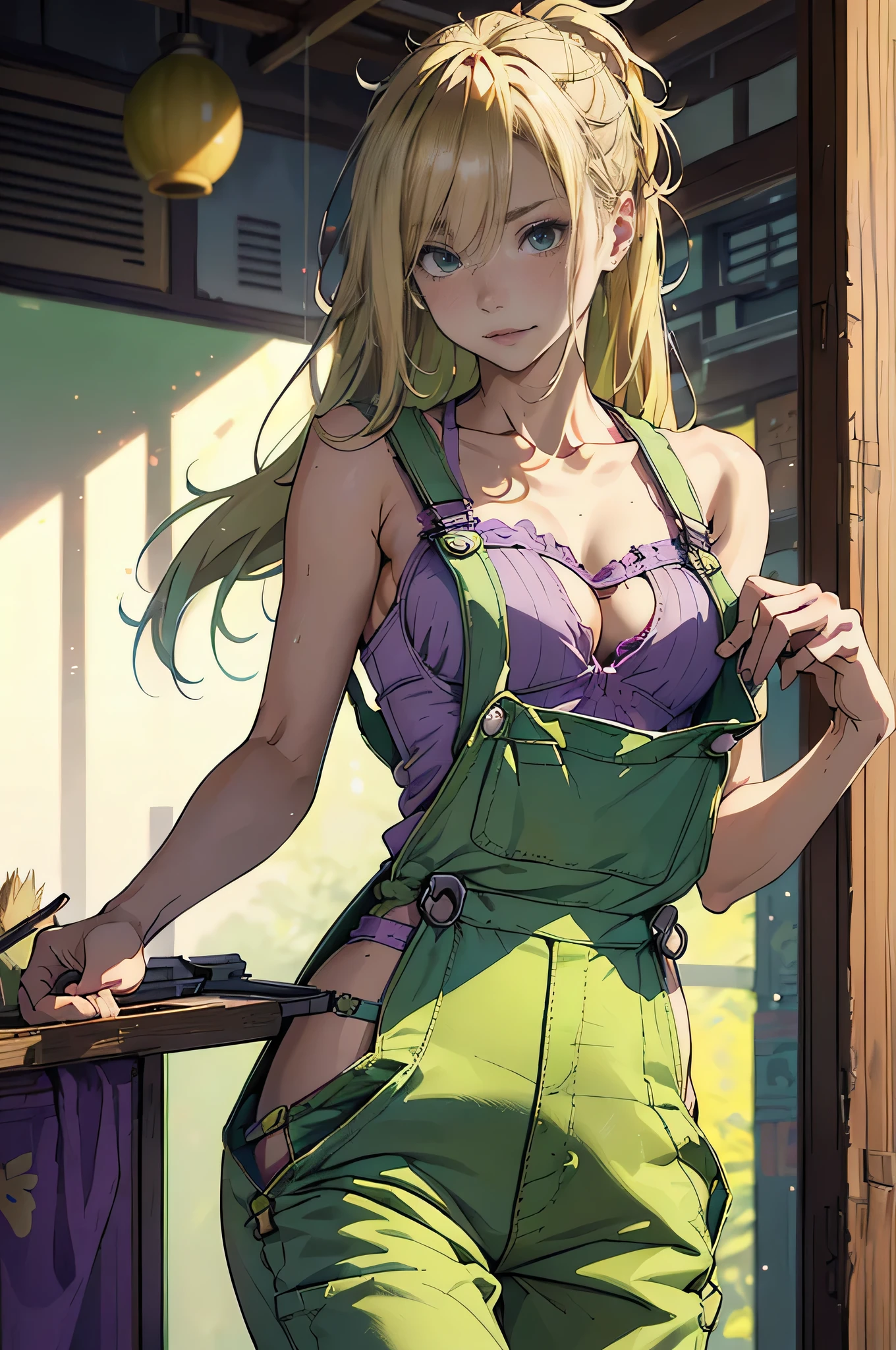 (Disheveled Hair), ((1 female,Blonde long-haired,Kung Fu Master, Pastel Green,Wearing work overalls, The top half of the work overalls is off., Purple gorgeous detailed bra, Sensual,))
