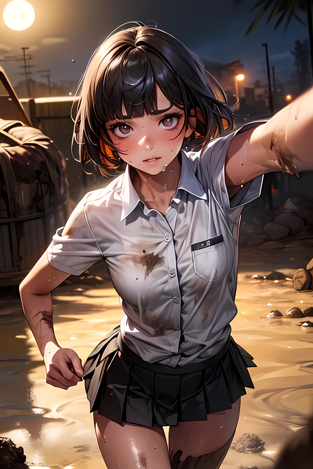 ((battlefield、Running Woman、explosion:1.5)),(((perfect anatomy:1.2,realistic:1.4,RAW Photography:1.4,masterpiece、highest quality、Ultra - High resolution、High resolution、Highly detailed CG、8K))),cowboy shot,1 female,solo、18 year old beauty,Japanese,((beautiful detailed face and eyes:1.3,big gorgeous eyes:1.3,gray eyes)),black hair,short bob hair,blunt bangs,blush,(medium breasts,slender body,small head:1.3,skinny),(gleaming skin:1.4,oily skin,shiny skin),((Dirty with mud:1.5、sweat:1.5)),(White collared shirt、Pleated black mini skirt)、Port warehouse district、container、at night、moonlight,