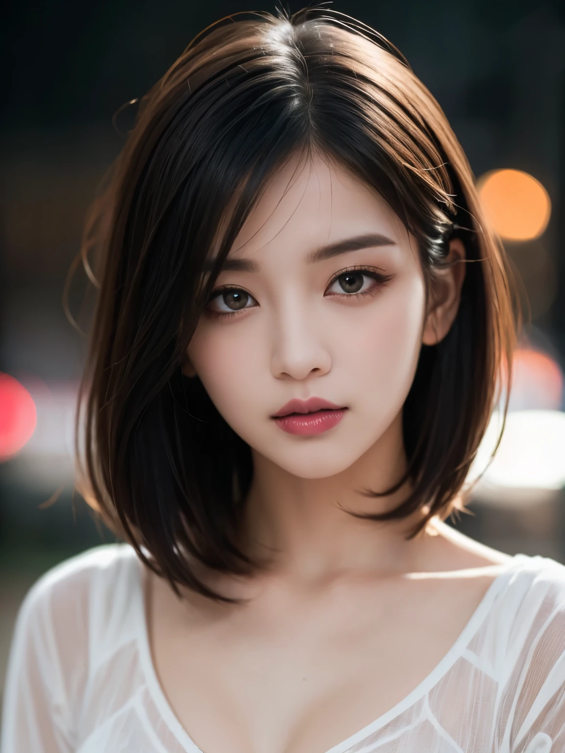 Ulzzang-6500-v1.1, (RAW Photos:1.2), (Photorealistic), (See-through:1.3), (Genuine:1.4), (Pieces fly:1.3), beautiful women, actress, masterpiece, 90'Atmosphere of, Cutting-edge appearance, Rainy night、Rainy weather、highest quality, Very detailed, Photorealistic, Shining Eyes, Detailed face, clavicle, beautiful eyes, black eye, detailed eyeshadow, Black Hair, Lip gloss, Pink Lip, compensate, (charm:1.5), Sharp focus, Clear Eyes, hunter's eyes, eyelash, whole body, (Wavy Hair:1.1),(short hair:1.3), Intense sexy dress,(beautiful:1.5)