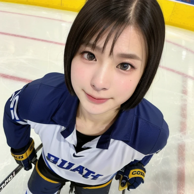 (kawaii 24year-old Japanese girl, Nogizaka idol, Korean idol), female ice hockey player, (glossy black hair, very short hair:1.3), (rounded face, black eyes, single eyelid, no makeup, soft smiling:1.2), (wearing long sleeved ice hockey jersey:1.5), ice hockey gloves, ice hockey helmet, (flat chest, extra small breasts:0.8), (looking at viewer:1.2), BREAK, (skating at ice skate arena, active atmosphere:1.3), (view from above, close shot, face focus:1.3), BREAK, (masterpiece, best quality, photo realistic, official art:1.4), (UHD, 8K quality wallpaper, high resolution, raw photo, golden ratio:1.3), (shiny skin), professional lighting, physically based rendering, award winning, (perfect anatomy, highly detailed skin, extremely detailed face and eyes:1.2), Carl Zeiss 300mm F/2.8, depth of field, 1girl, solo, nhl player, national hockey league player,