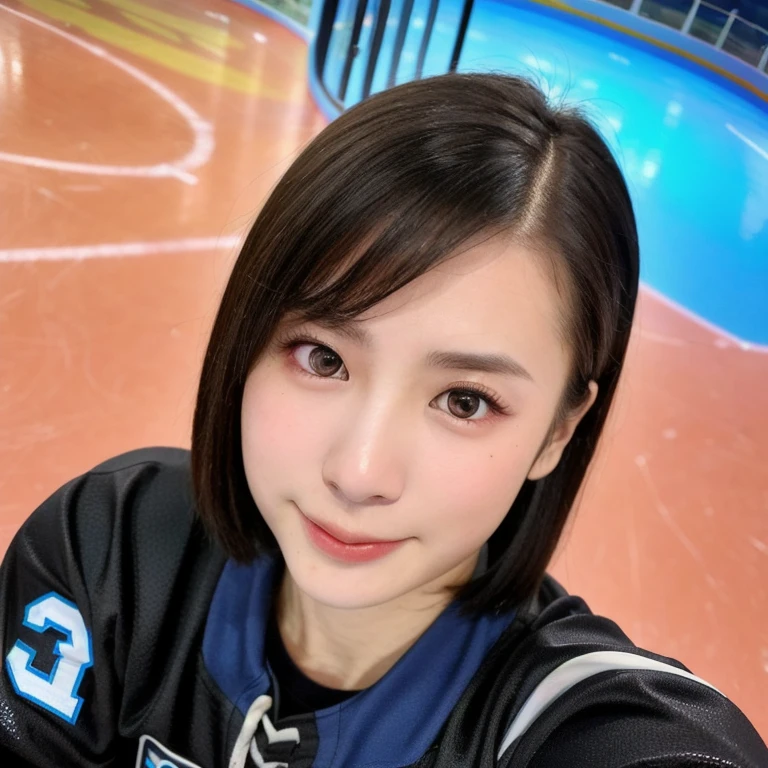 (kawaii 24year-old Japanese girl, Nogizaka idol, Korean idol), female ice hockey player, (glossy black hair, very short hair:1.3), (rounded face, black eyes, single eyelid, no makeup, soft smiling:1.2), (wearing long sleeved ice hockey jersey:1.5), ice hockey gloves, ice hockey helmet, (flat chest, extra small breasts:0.8), (looking at viewer:1.2), BREAK, (skating at ice skate arena, active atmosphere:1.3), (view from above, close shot, face focus:1.3), BREAK, (masterpiece, best quality, photo realistic, official art:1.4), (UHD, 8K quality wallpaper, high resolution, raw photo, golden ratio:1.3), (shiny skin), professional lighting, physically based rendering, award winning, (perfect anatomy, highly detailed skin, extremely detailed face and eyes:1.2), Carl Zeiss 300mm F/2.8, depth of field, 1girl, solo, nhl player, national hockey league player,