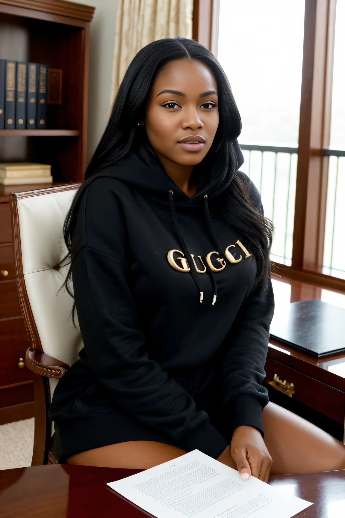 ((best quality)), ((masterpiece)), (detailed), perfect face in the style of photorealism, create an ultra realistic photo portrait of a stunningly beautiful ebony woman, with long black hair, wearing a white gucci hoodie, looking straight ahead at the camera, sitting in a large white executive office chair behind a teak office desk with large windows framing the background, Nikon 50mm