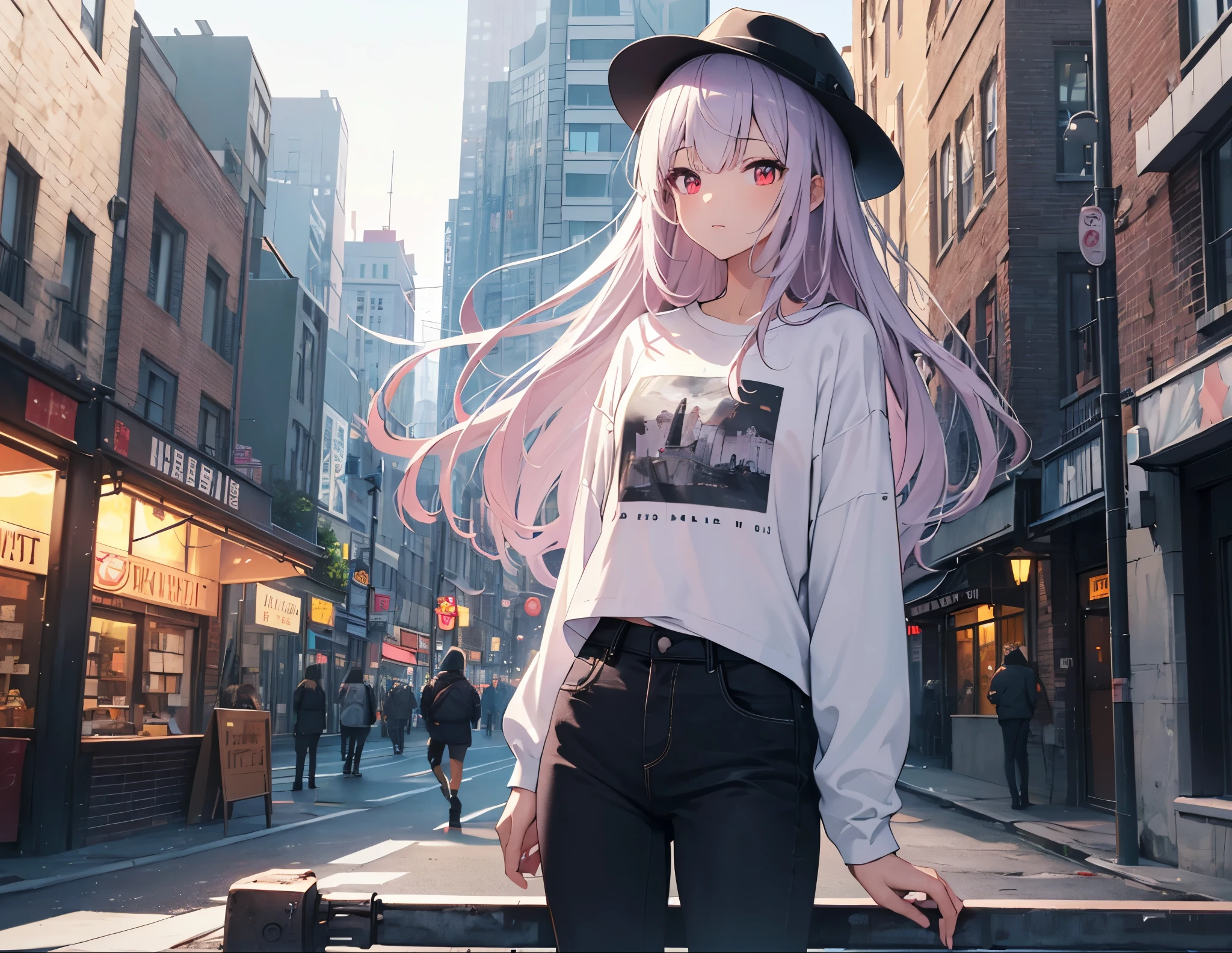 Realistic,highest quality, Ultra Detail, High-quality CG rendering, The most delicate and beautiful, Floating softly, High resolution, (1 girl), (Highest quality,4K,8K,masterpiece:1.2), Light purple hair,Long Hair,Red eyes,(white oversized long sleeve t-shirt:1.3),Black skinny jeans,White Hat,In the city,old buildings