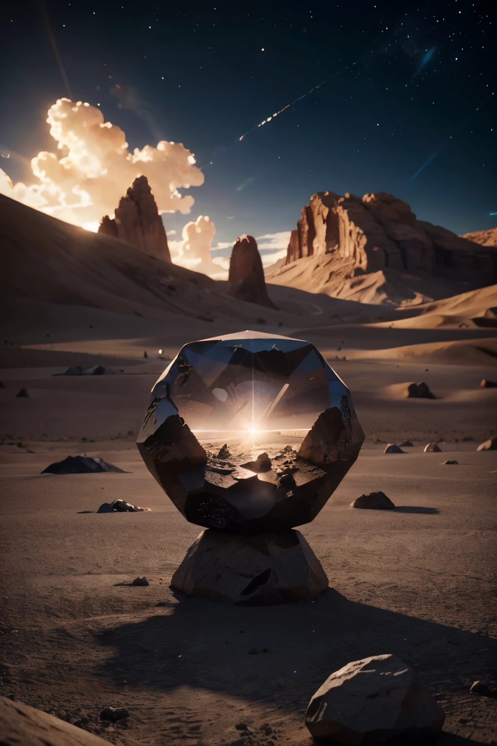 a close up of a large crystal in a desert with rocks, animation style render, atlas, cd cover artwork, orb, flares anamorphic, pierre pellegrini and ash thorp, anamorphic widescreen, platonic solids, space scene, psytrance, movie promotional image, facets