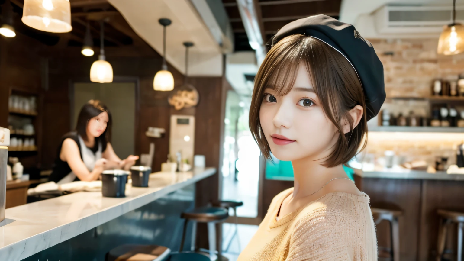 super high quality, Short Hair, Slender, Gravure photoshoot, The staff is working at the counter in the back., (8k、RAW Photos、highest quality、masterpiece:1.2), Japanese Idol, Shaggy, Sportswear, Stylish café, (Realistic、Photorealistic:1.37), Beautiful Face , Mesh Hair, Normal chest, Wearing a cap, Urban Cafe, Golden Ratio, Raw photo, Light Brown Hair, Bright cafe interior, Blurred Background, Spring Clothes, Beautiful hairstyle, 20-year-old, Hair blowing in the wind, Neat clothes, 
