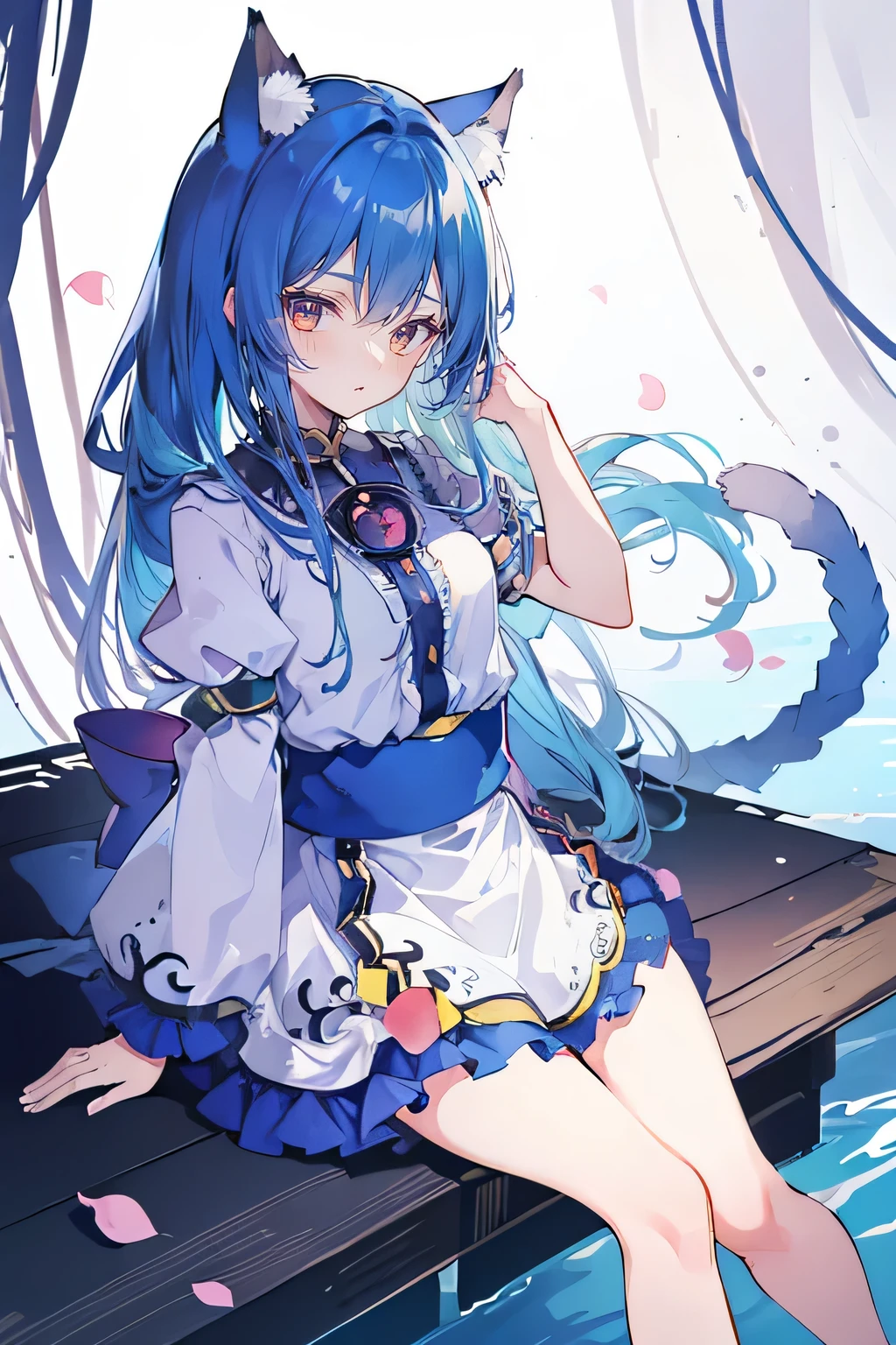 (masterpiece:1.2),ultra-detailed,realistic,expressive eyes,fair-skinned,perfectly shaped face,1girl,
Japanese cartoons,Gorgeous blue hair, flowing blue hair,floating clothes,cat ears,petals falling,beautiful Lola,Hina Angel,
hands on waist,gracefully sitting on the ground,legs crossed,gentle and serene background,cool and comfortable pavilion,night ,