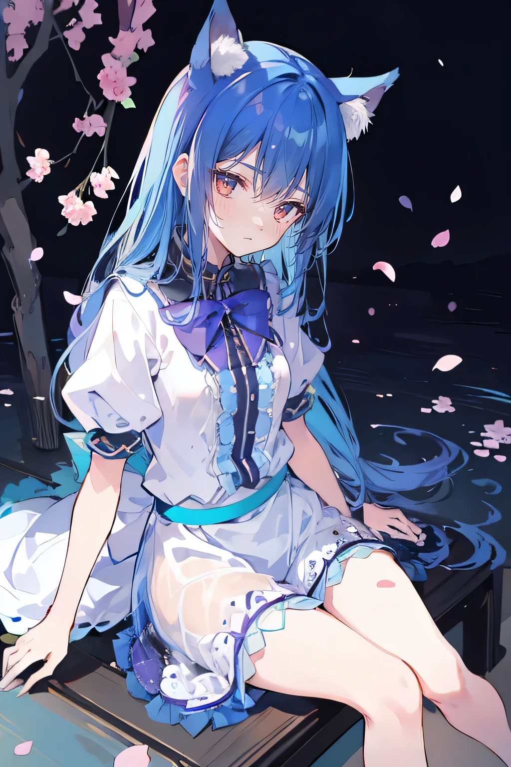 (masterpiece:1.2),ultra-detailed,realistic,expressive eyes,fair-skinned,perfectly shaped face,1girl,
Japanese cartoons,Gorgeous blue hair, flowing blue hair,floating clothes,cat ears,petals falling,beautiful Lola,Hina Angel,
hands on waist,gracefully sitting on the ground,legs crossed,gentle and serene background,cool and comfortable pavilion,night ,
