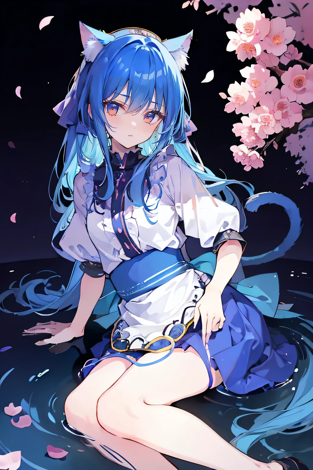 (masterpiece:1.2),ultra-detailed,realistic,expressive eyes,fair-skinned,perfectly shaped face,1girl,
Japanese cartoons,Gorgeous blue hair, flowing blue hair,floating clothes,cat ears,petals falling,beautiful Lola,Hina Angel,
hands on waist,gracefully sitting on the ground,legs crossed,gentle and serene background,cool and comfortable pavilion,night ,