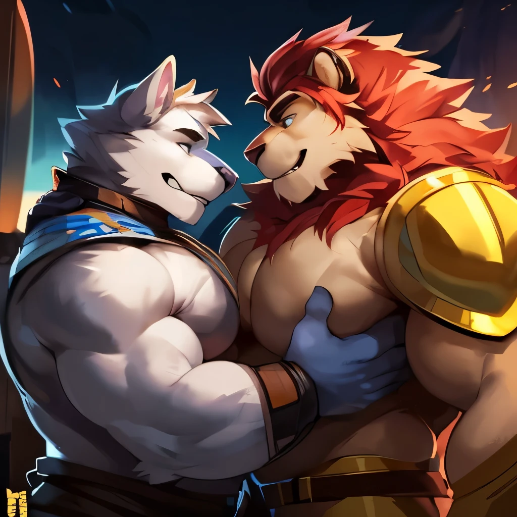Duo, male, muscular, giant, buff, strong, massive biceps, massive pecs, Lion vs White Wolf, wearing armor, massive bulges, by darkgem, by mystikfox61, by glitter trap boy, battlefield, staredown