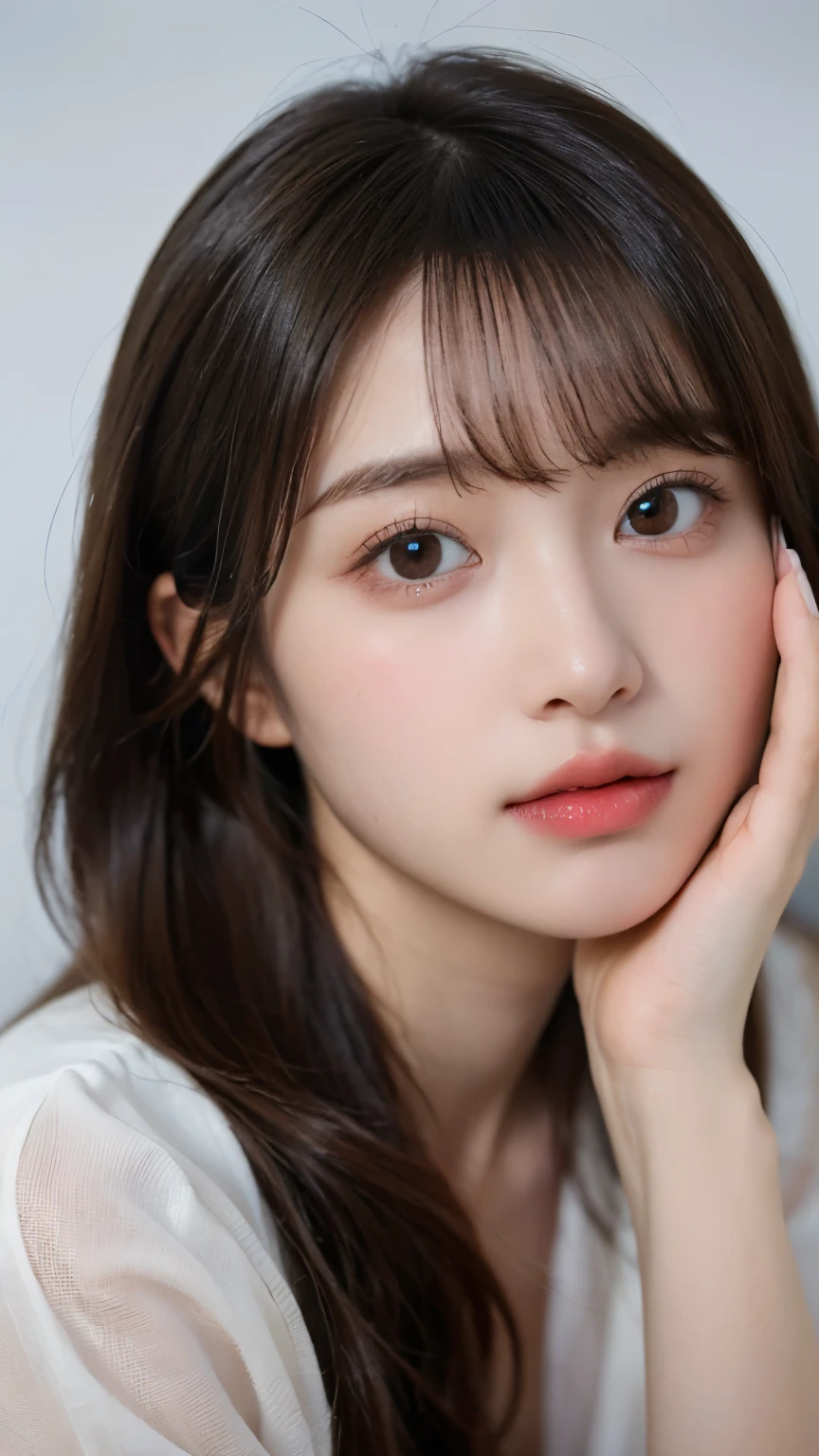 Very beautiful and angelic cute woman, beautiful and detailed eyes, thick double eyelids, (kissing face: 1.3), long eyelashes, see-through bangs, (beautiful detailed face and eyes: 1.4), small nose, small Mouth, beautiful long hair, white miniskirt (highest quality: 1.2), raw photo, high resolution, perfect details, professional shooting, beautiful legs, lighting