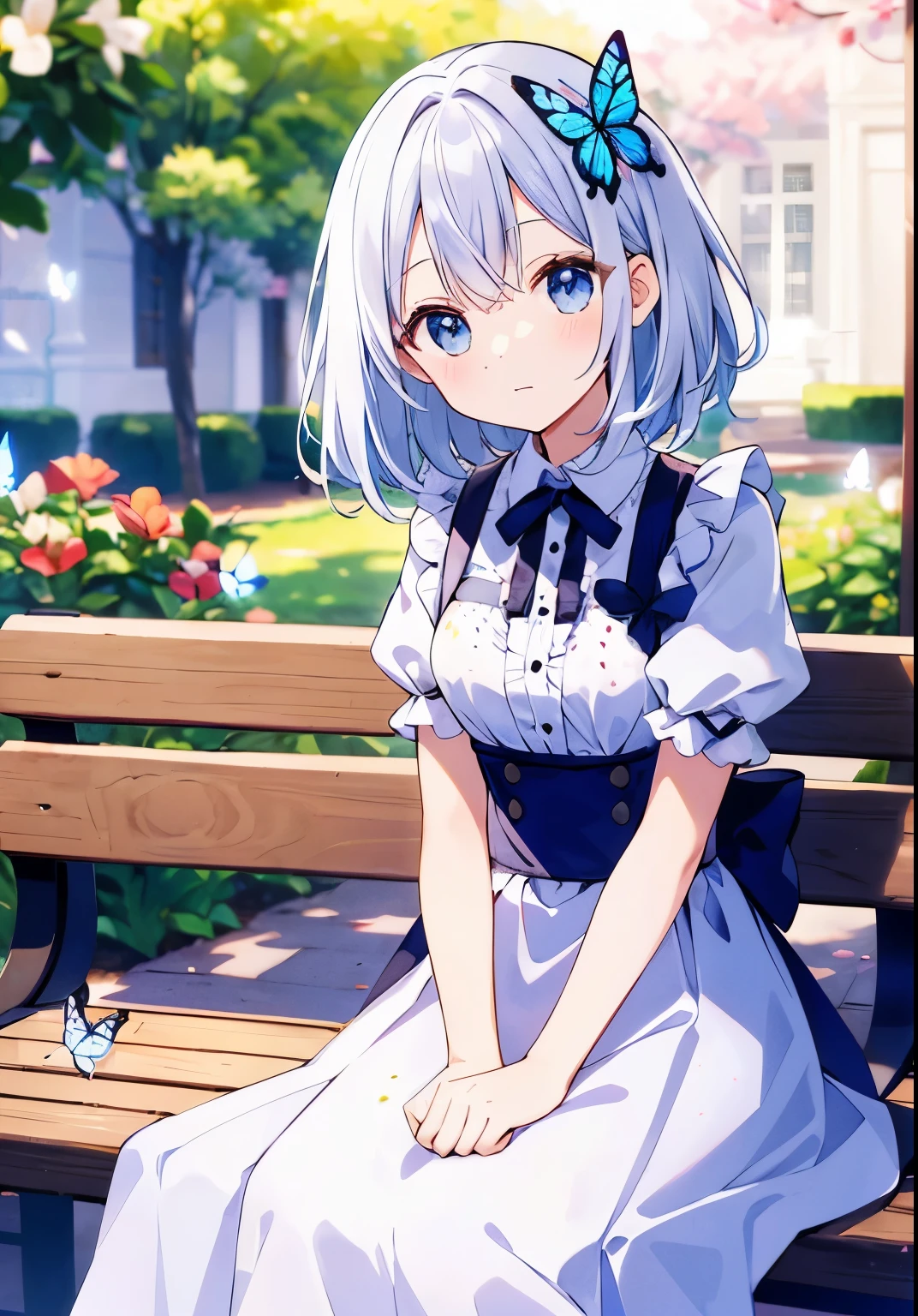 ((s○l○:1.2)),cute girl sitting ○n bench in garden,Frilled Dirndl,fr○m ab○ve,l○○king up,c○bblest○ne pavement,White Hair,fine b○b cut,(hair ○ver ○ne eye),(Speckled sunlight:1.2),Blurred,(depth ○f field:1.1),Tilt your head,:○,(petal),wood,butterfly