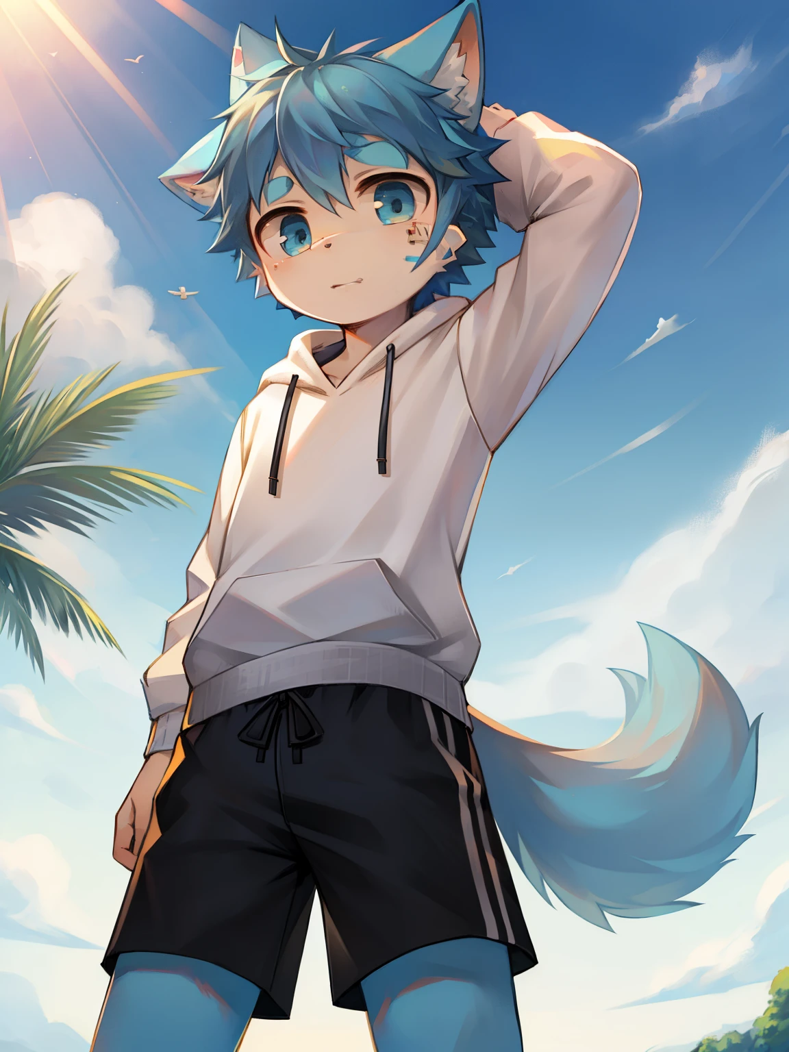 dog, Covered with light blue fur, white sweatshirt, Black shorts, band-aid, boy, summer, posture