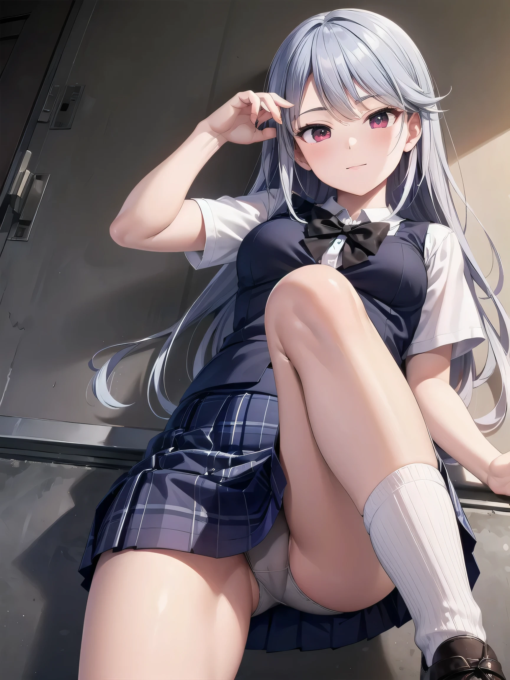 (Realistic, photo Realistic:1.2), ((highest quality)), Shift the center of gravity backwards, Quite embarrassing, kazami kazuki, Silver Hair, Long Hair, Red eyes, Black Bow, , White knee-high socks, (Roll up your skirt:1.3), Beautiful facial details, Real human skin, Gentle expression, Front view, angle From below, Realistic, photoRealistic, schoolyard, whole body, from before, From below