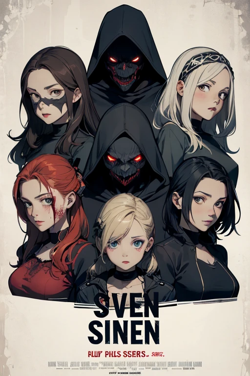 series poster, horror series, seven characters appear, three girls and four boys, wearing masks on their head, representing the seven deadly sins.
Horror