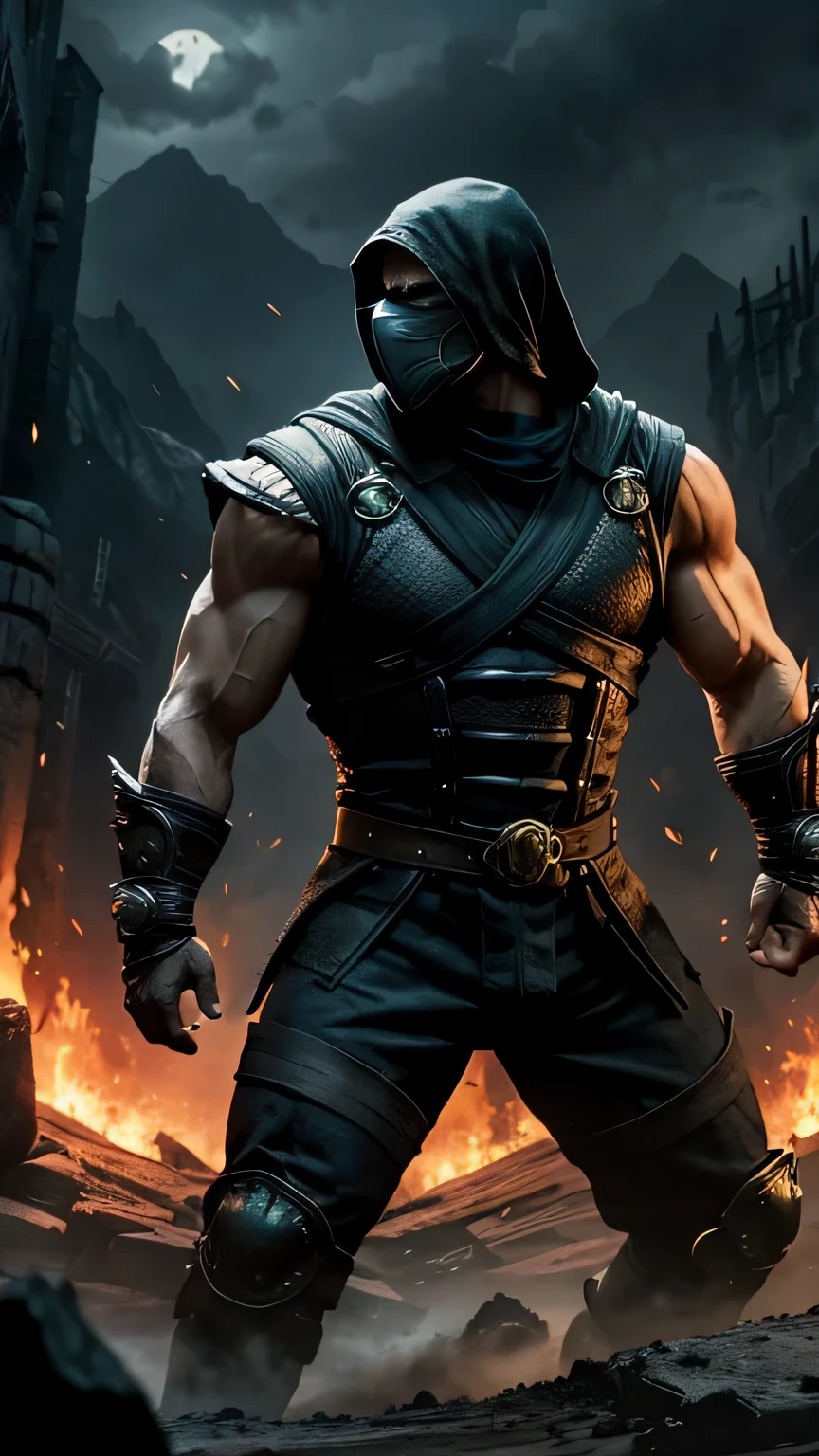 Mortal Kombat movie, dynamics, masterpiece, dark colors, strength, post-apocalyptic landscape, poster, Finish him