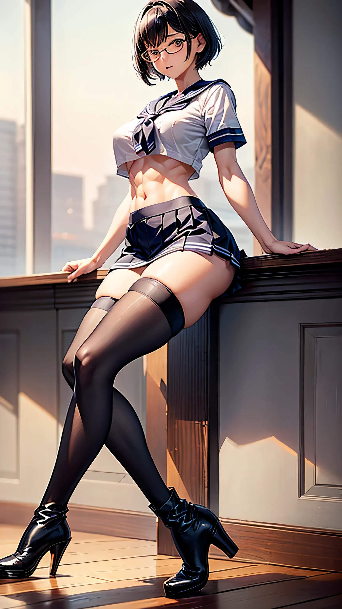 Highest quality,(Beautiful Face),1 female,Short-sleeved sailor suit,Very short skirt,Black Hair,middle hair,Glasses,Very small waist,Very thin body,very Large Breasts,skinny stomach,Muscular thighs,Muscular thighs,Thigh-high stockings,Platform boots,,