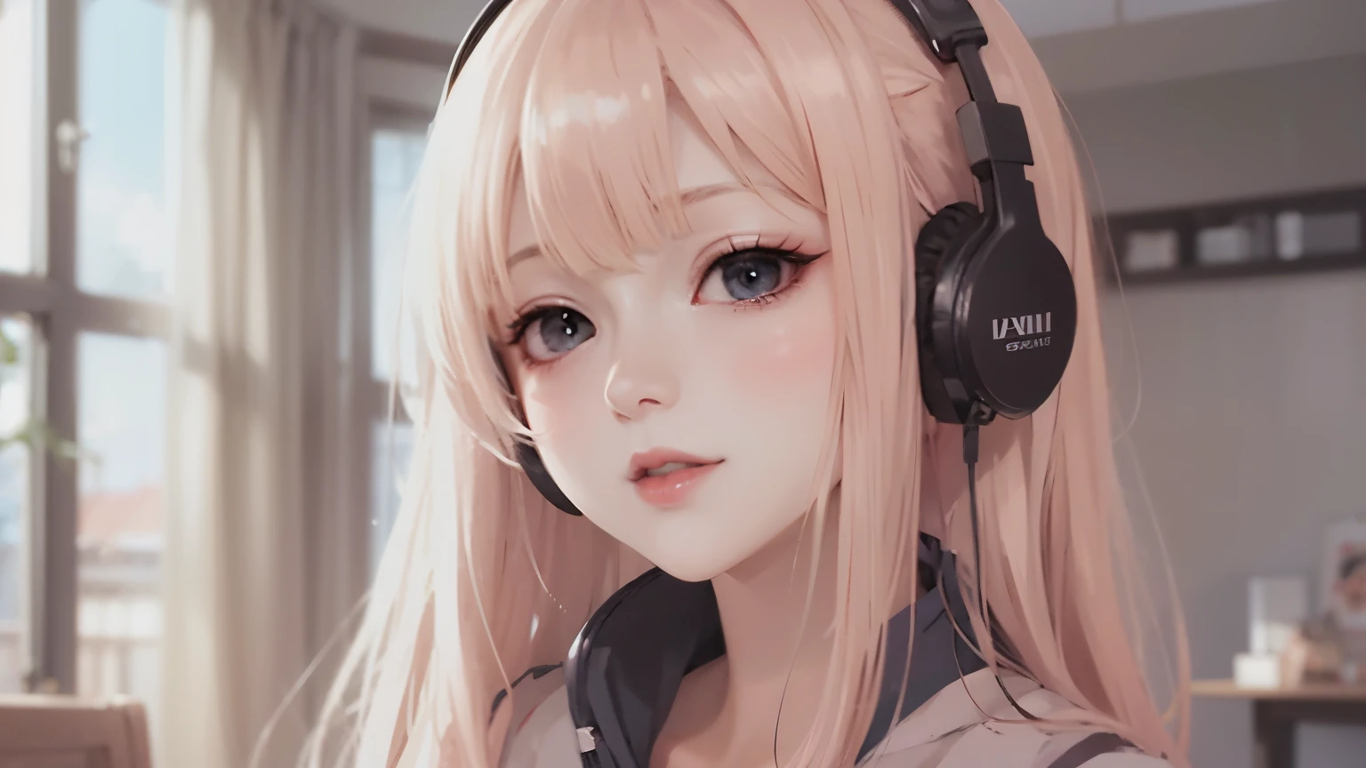 anime girl with headphones and pink hair in a room, anime style 4 k, cute anime girl, anime style. 8k, beautiful anime girl, anime girl, portrait anime girl, extremely cute anime girl face, anime wallpaper 4k, anime wallpaper 4 k, 4k anime wallpaper, cute anime girl portraits, young anime girl, pretty anime girl, (anime girl)