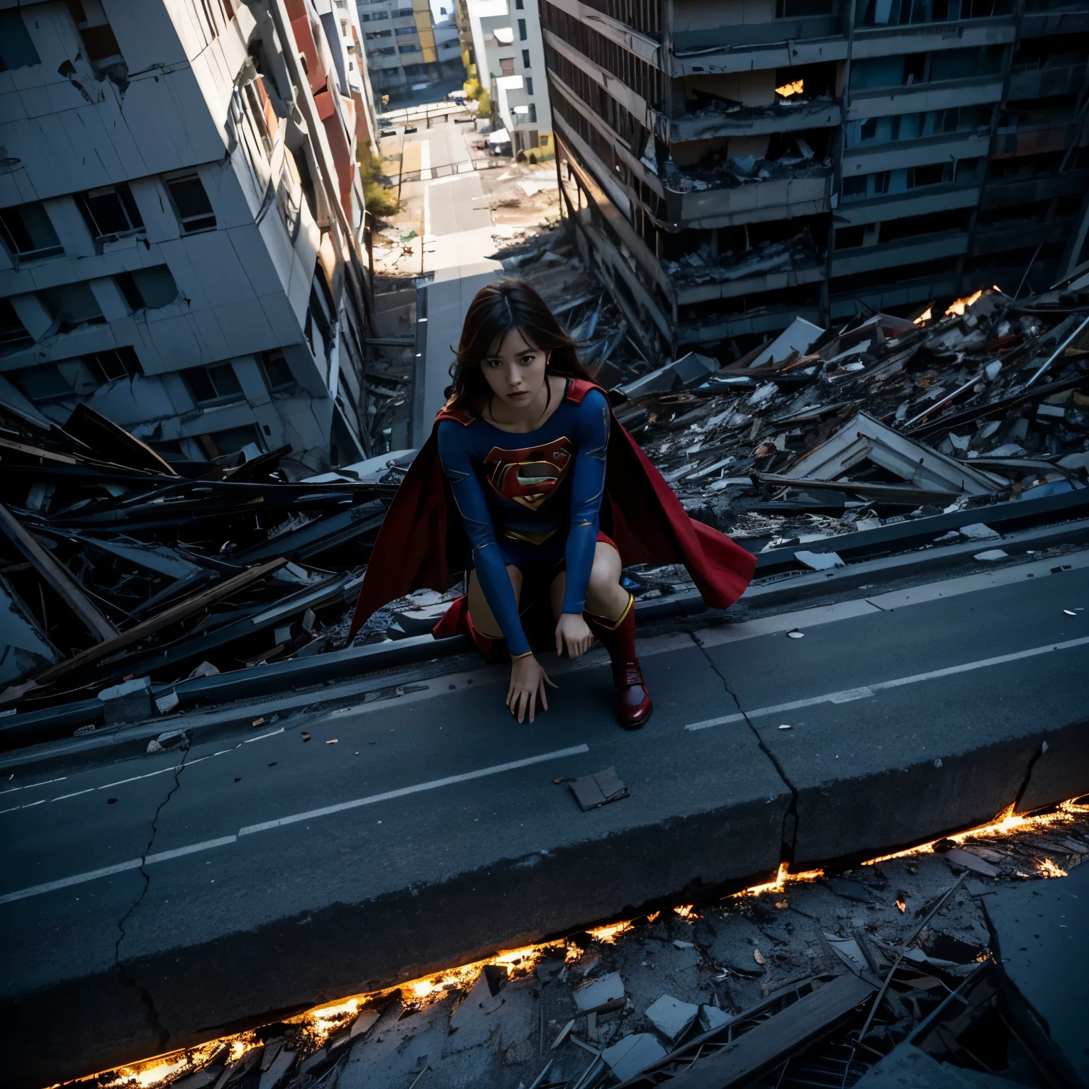 Supergirl looks down on a aftermath of a bombing raid on a city、(Flying Supergirl)、The City Where the Light Died、Burnt area、Supergirl inspects the damage from above、