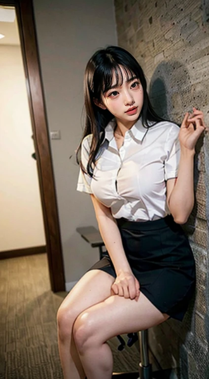 (Remote Play), OL、((Secretary uniform)),White collared shirt、Black tight mini skirt、Office Lady、Inside the company、 (close your eyes, Open your mouth, Slouching posture), 1 Female, solo, 19 years old, Put your hands behind your back、 Ideal body proportions, Erect nipples, Sexy Body, Black-haired, , Slender, Large Breasts, Beautiful feet, Thin legs, Surrealism, Cinema Lighting, Depth of written boundary, First Person View, debt/1.8, 135mm, んdebtdebt, Tabletop, Accurate, Anatomically correct, Textured skin, Super Detail, Attention to detail, high quality, Awards, 最high quality, High resolution, 8k