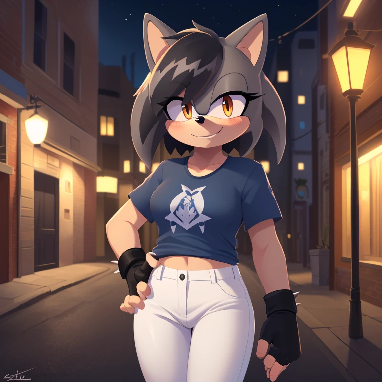 best quality, ultra-detailed, cinematic lighting, beautiful lighting, ((Masterpiece)), hi res, detailed, detailed background, vibrant lighting, high quality, cartoon style, 2d, (Mobian:1.1), solo, (((1girl))), (((female))), (((dark grey Mobian hedgehog))), dark grey body fur, ((dark grey head spikes, black highlights:1.3)), 3 tails, (((dark grey tails))), orange eyes, lean body, ((adult)), dark grey tails, (((blue short t-shirt, white pants, fingerless black gloves))), looks at viewers, bright blush, cute smile, soft, standing, night city