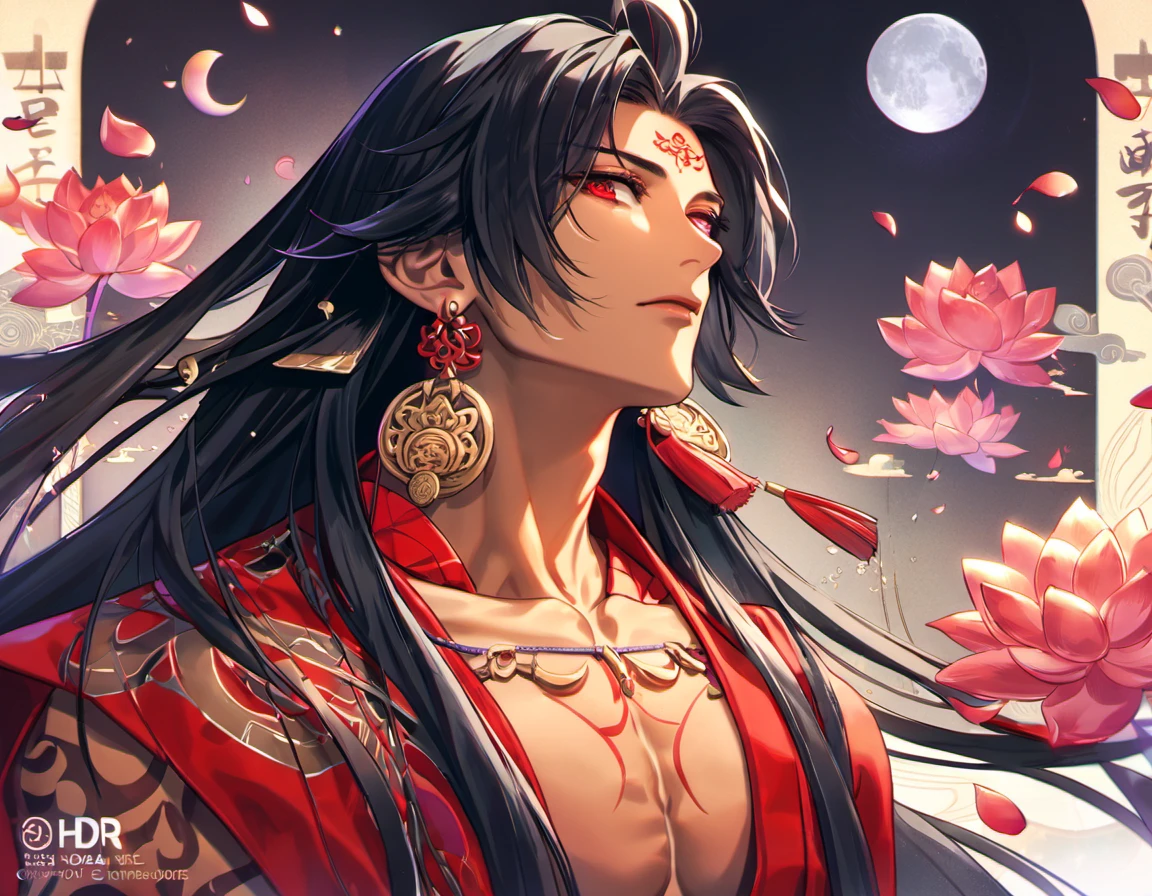 (absurdres, highres, ultra detailed, HDR), master piece, best quality, perfect face, delicate features, vibrant red eyes, solo, man, handsome, Asura with tanned skin, black untamed long hair, black hair, red lotus mark on the forehead, red tunic, showing the chest, lotus earrings, onmyoji, moon, purple flames, purple butterflies, petals