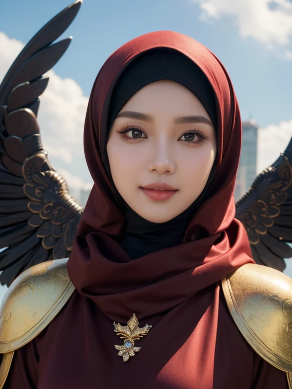 ((best quality)), ((masterpiece)), (detailed), perfect face, highres, indonesian woman,angel cosplayer wearing hijab, looking at the camera with a sweet smile, perfection, dynamic, red black, smooth, sharp focus, illustration, art, detailed face, 4k, sky palace background, eyes brown