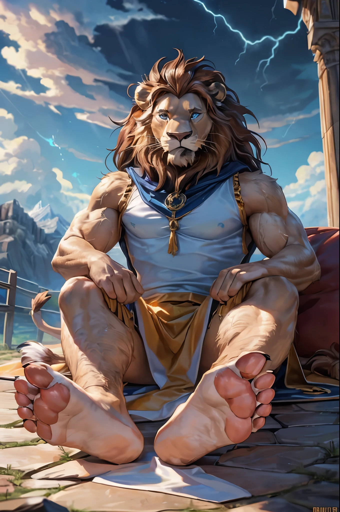 (((Barefoot furry character, full body, cinematic setting, furry male, plantigrade)))
(Zeus - King of the Gods) depicted as a majestic (((lion))) anthro with a muscular build, golden fur, and piercing blue eyes. He wears a regal white toga draped over one shoulder, adorned with thunderbolt motifs. Zeus sitting barefoot atop Mount Olympus, with storm clouds gathering in the background, accompanied by flashes of lightning and crashing thunder. His attribute, the ((thunderbolt)), rests beside him, crackling with power. ((nice soles of feet paws with soft pawpads))
BREAK, detailed background, 8K, (masterpiece:1.5), intricate details, highly detailed, extreme detail, octane render, fine art, best quality, highres, (detailed face:1.5), ((full_body)), UHD, (((perfect hands))), low light