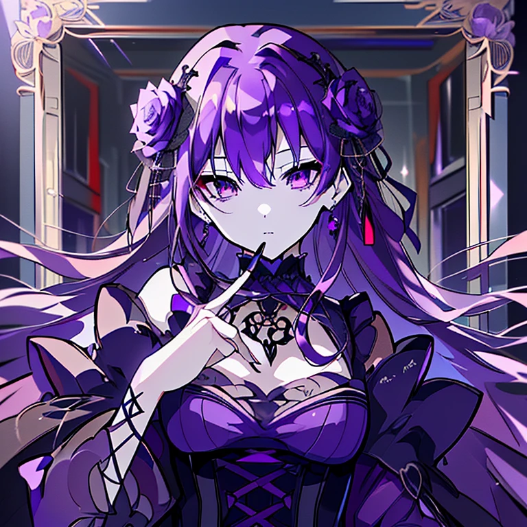 (highest quality,Super detailed,High resolution,wonderful,Attention to detail)Purple Hair,Long Hair,Purple Eyes,Earrings,gothic  dress,rose,Cinema Lighting,thought,Sharp Eyes,gorgeous,