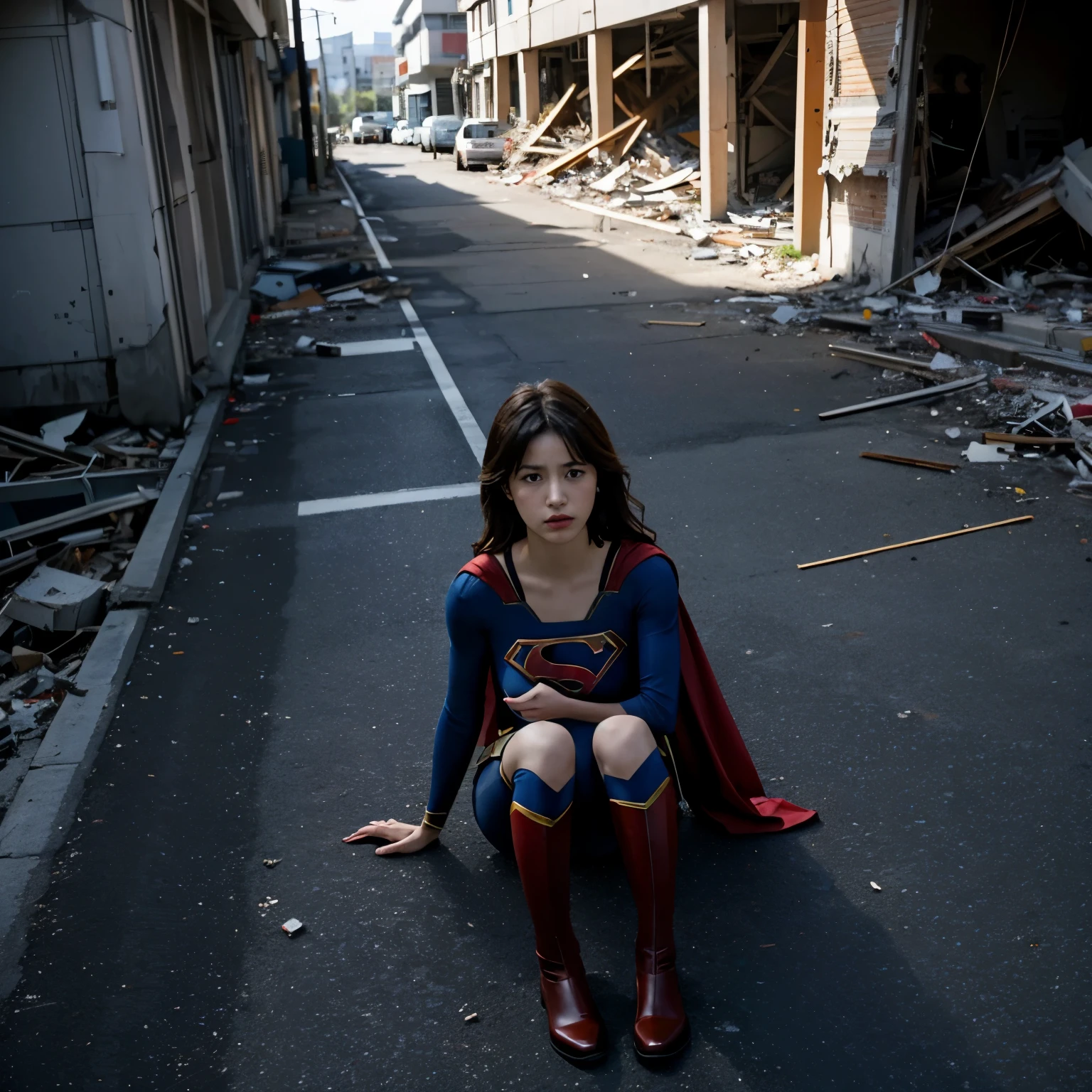 Supergirl looks down on a aftermath of a bombing raid on a city、