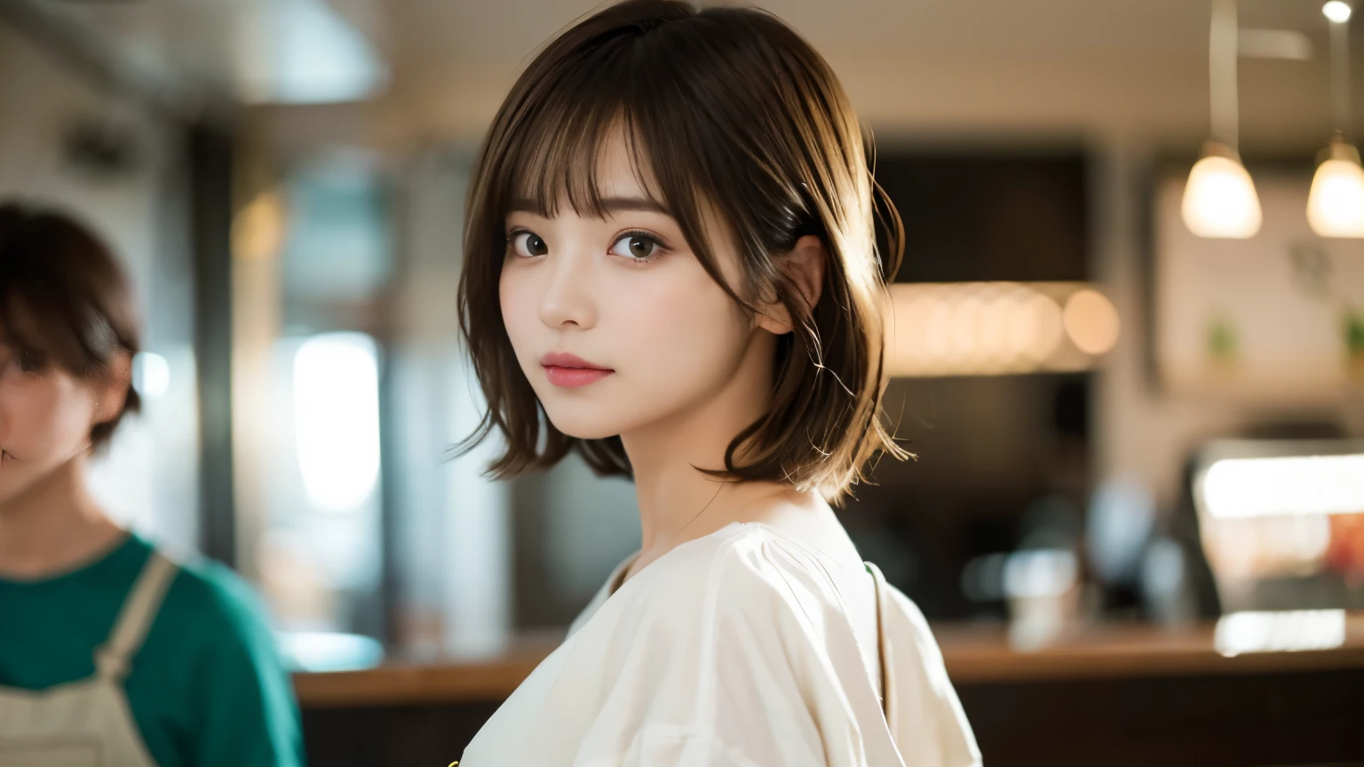 super high quality, Short Hair, Slender, Gravure photoshoot, The staff is working at the counter in the back., (8k、RAW Photos、highest quality、masterpiece:1.2), Japanese Idol, Shaggy, Sportswear, Stylish café, (Realistic、Photorealistic:1.37), Mesh Hair, Normal chest, Urban Cafe, Golden Ratio, Raw photo, Cute face , Light Brown Hair, Bright cafe interior, Blurred Background, Spring Clothes, A sweet expression, Watching the audience, Beautiful hairstyle, 20-year-old, Hair blowing in the wind, Neat clothes,