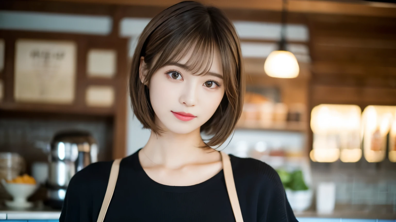 super high quality, Short Hair, Slender, Gravure photoshoot, The staff is working at the counter in the back., (8k、RAW Photos、highest quality、masterpiece:1.2), Japanese Idol, Shaggy, Sportswear, Stylish café, (Realistic、Photorealistic:1.37), Mesh Hair, Normal chest, Urban Cafe, Golden Ratio, Raw photo, Cute face , Light Brown Hair, Bright cafe interior, Blurred Background, Spring Clothes, A sweet expression, Watching the audience, Beautiful hairstyle, 20-year-old, Hair blowing in the wind, Neat clothes, 
