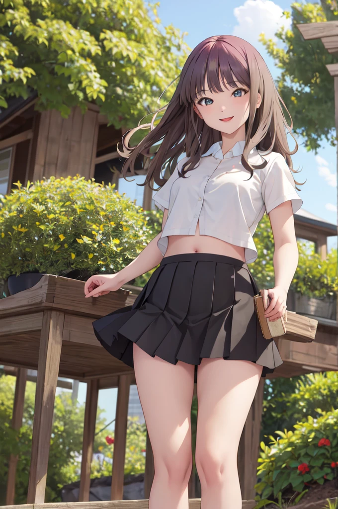 masterpiece,best quality,highres,ultra-detailed,aayume,long hair,bangs,Short shirt、Belly button,short black skirt:1.5,loafers,outdoors,standing,cowboy shot,smile,