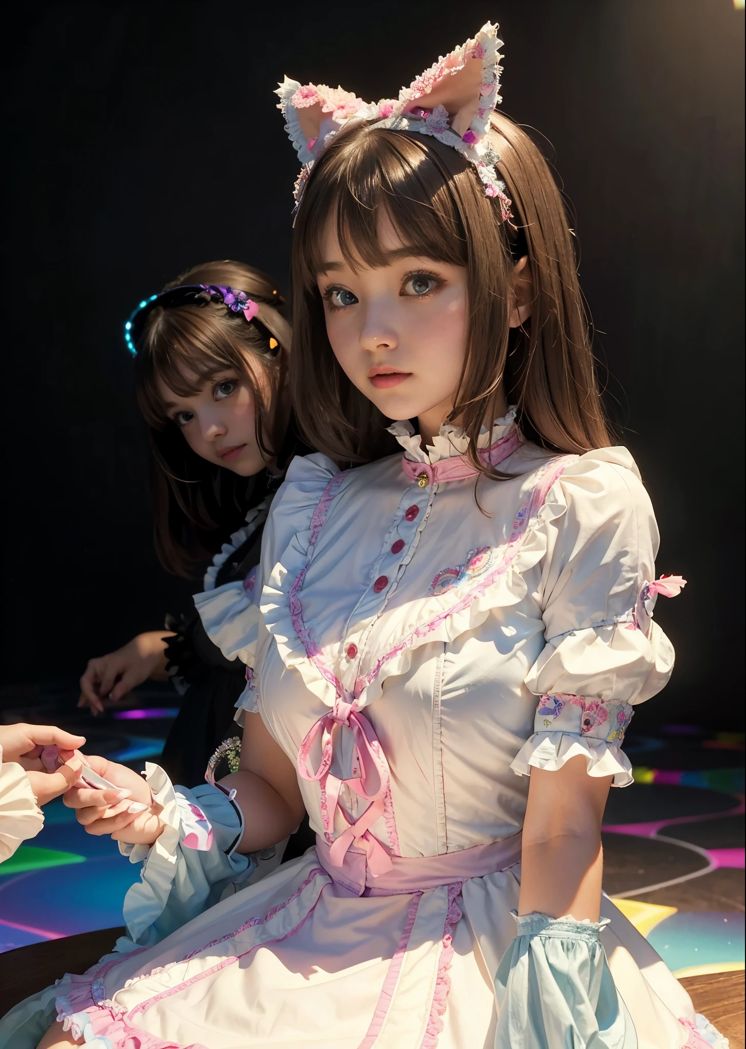 Psychedelic world、ta Fashion、two cute girls、Playing、18-year-old girl、Big eyes、Small breasts、Light Brown Hair、colorful gel background、Fractal Background、Perfect lighting、Sharp focus、High resolution、High resolution、High color reproducibility、High resolution、Ultra-realistic、Photorealistic
