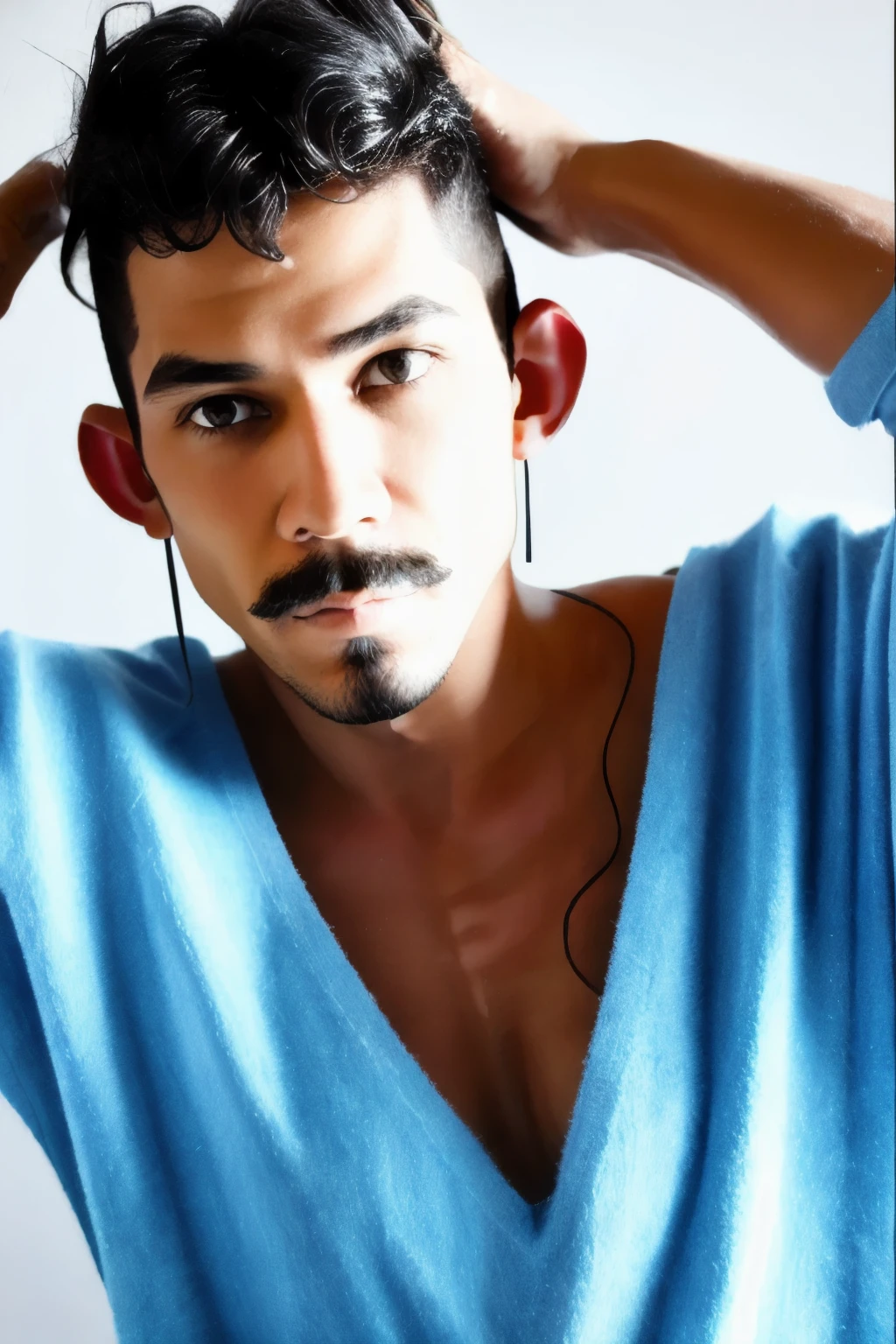 better quality,Homme marocain, black curly hair a little damp, t-shirt du Maroc, yeux brun, une moustache et moustache de goat, jeune de 17ans, which takes a very realistic selfie, beautiful, lip a little big, sourcils bien dessiné, muscle