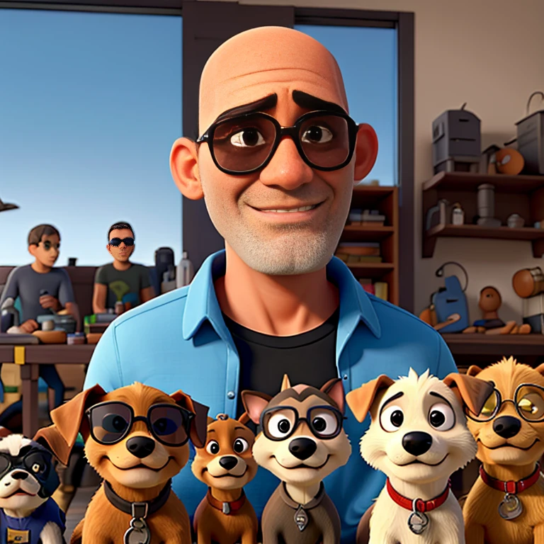 Homem careca com barba grande, sunglasses , vigilante shirt with several dogs on the side