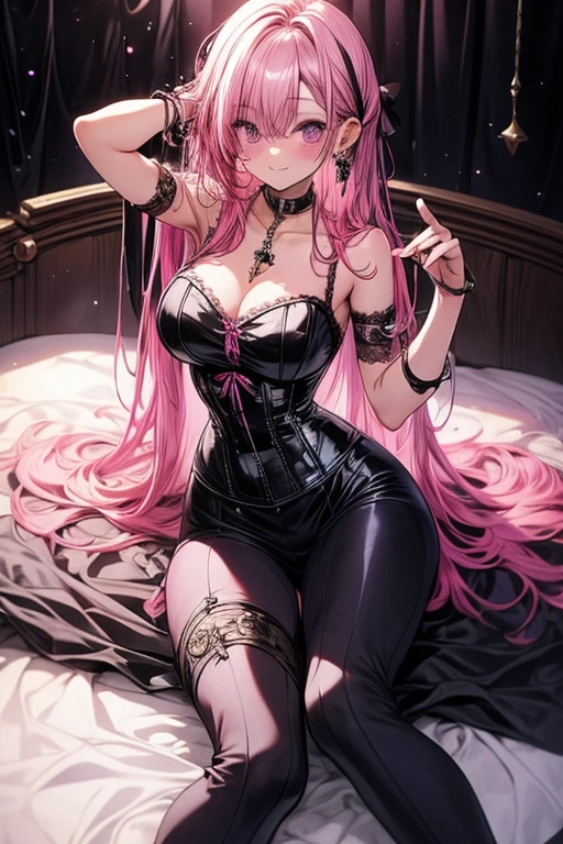 A pink haired woman with violet eyes and an hourglass figure is posing in a sexy corset on a bed