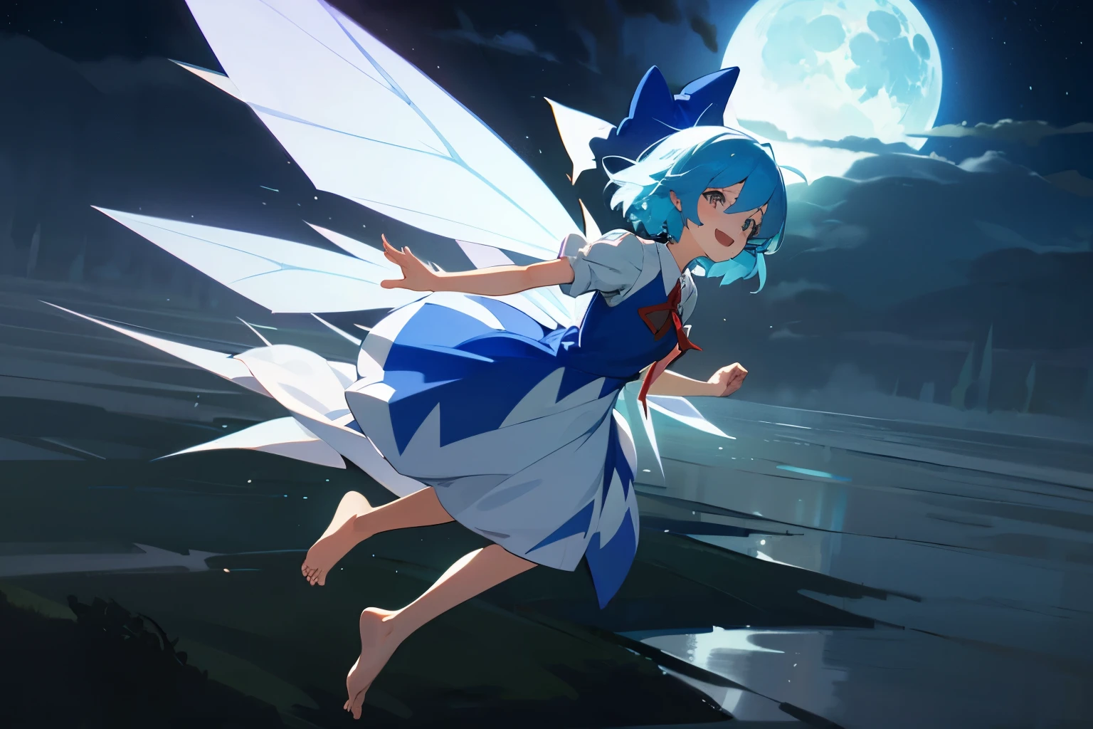 High resolution, masterpiece,highest quality, Super detailed, (Fine grain), (Detailed face), One girl , Fairy flying over a misty lake , Cirno , smile , night , Moonlight , barefoot , whole body
