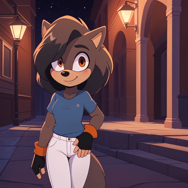 best quality, ultra-detailed, cinematic lighting, beautiful lighting, ((Masterpiece)), hi res, detailed, detailed background, vibrant lighting, high quality, cartoon style, 2d, (Mobian:1.1), solo, (((1girl))), (((female))), (((dark grey Mobian hedgehog))), dark grey body fur, ((dark grey head spikes, black highlights:1.3)), 3 tails, (((dark grey tails))), orange eyes, lean body, ((adult)), dark grey tails, (((blue short t-shirt, white pants, fingerless black gloves))), looks at viewers, bright blush, cute smile, soft, standing, night city