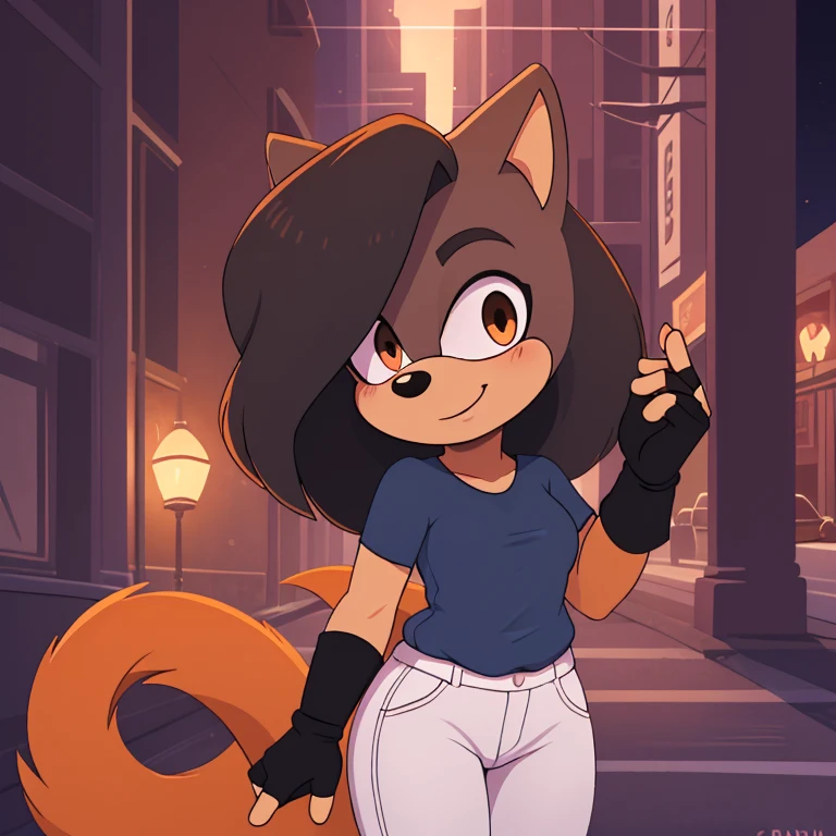 best quality, ultra-detailed, cinematic lighting, beautiful lighting, ((Masterpiece)), hi res, detailed, detailed background, vibrant lighting, high quality, cartoon style, 2d, (Mobian:1.1), solo, (((1girl))), (((female))), (((dark grey Mobian hedgehog))), dark grey body fur, ((dark grey head spikes, black highlights:1.3)), 3 tails, (((dark grey tails))), orange eyes, lean body, ((adult)), dark grey tails, (((blue short t-shirt, white pants, fingerless black gloves))), looks at viewers, bright blush, cute smile, soft, standing, night city