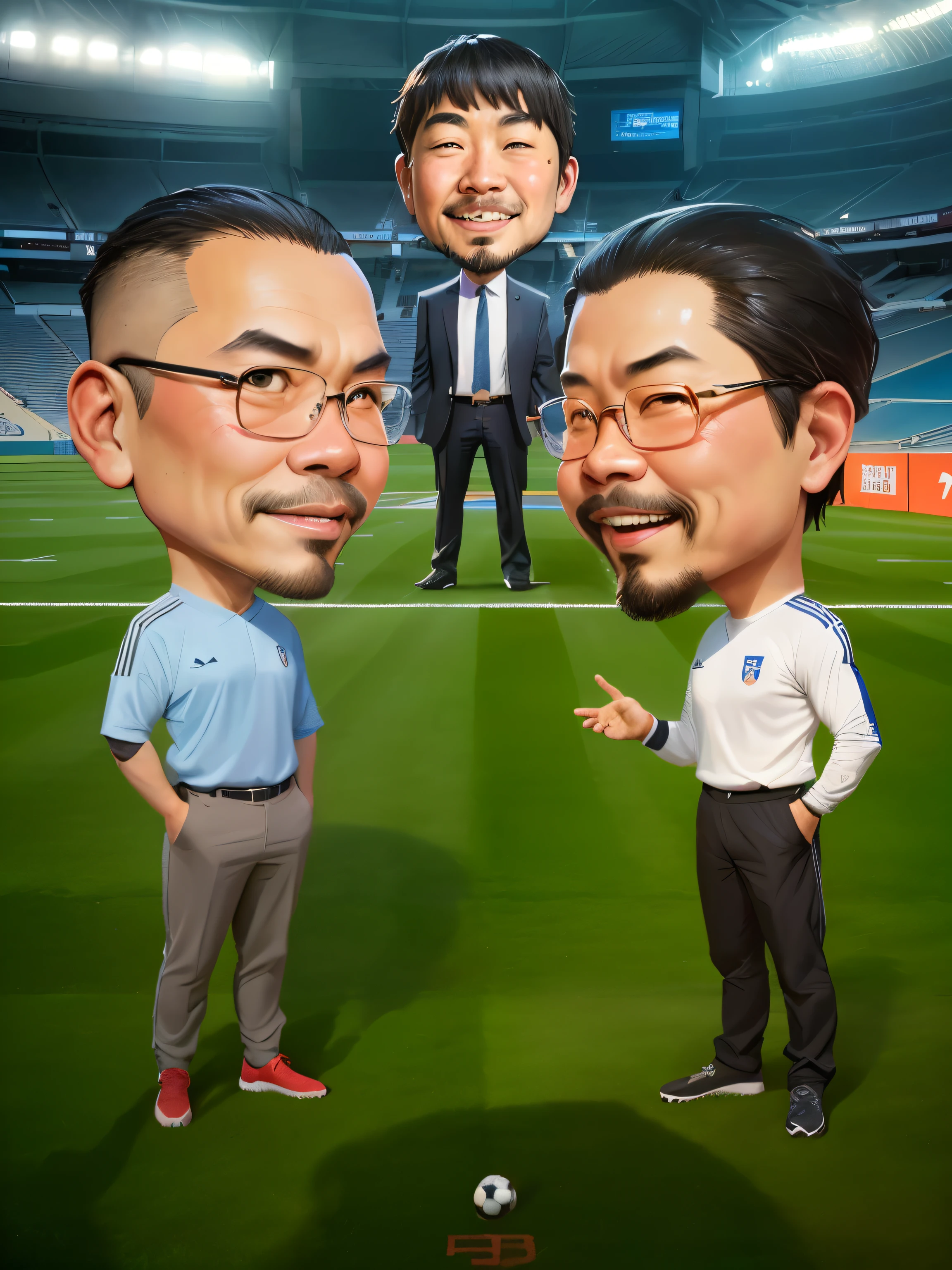 cartoon of two  stadium with a soccer field, caricature style, caricature illustration, yiqiang and shurakrgt, big heads, big head, caricature, ruan jia and fenghua zhong, charicature, lee griggs and jason chan, katsuhiro and inio asano, toon rendering, cartoon portrait, extremly high quality